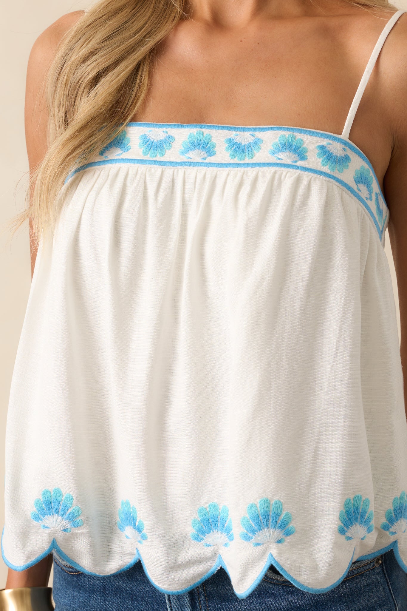 Moments That Make You White Embroidered Scallop Hem Crop Top