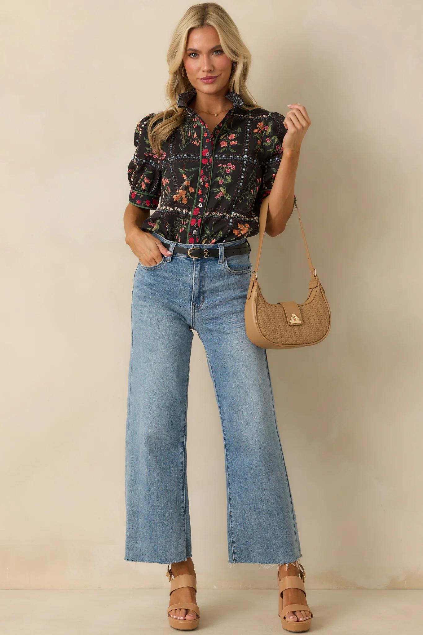 Full Of Light Black Multi Floral Print Cotton Button Up Top