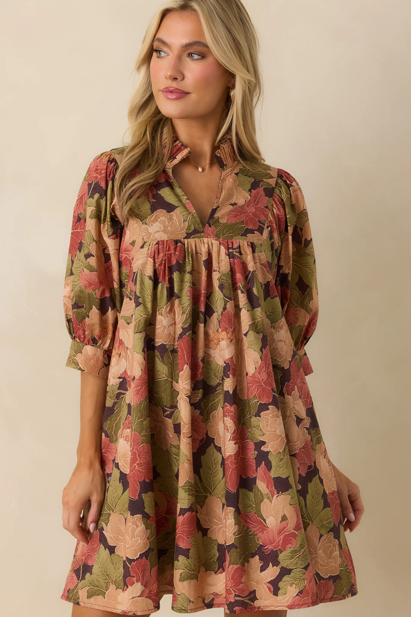 Under The Willow Brown Multi Floral Print Cotton Mini Dress