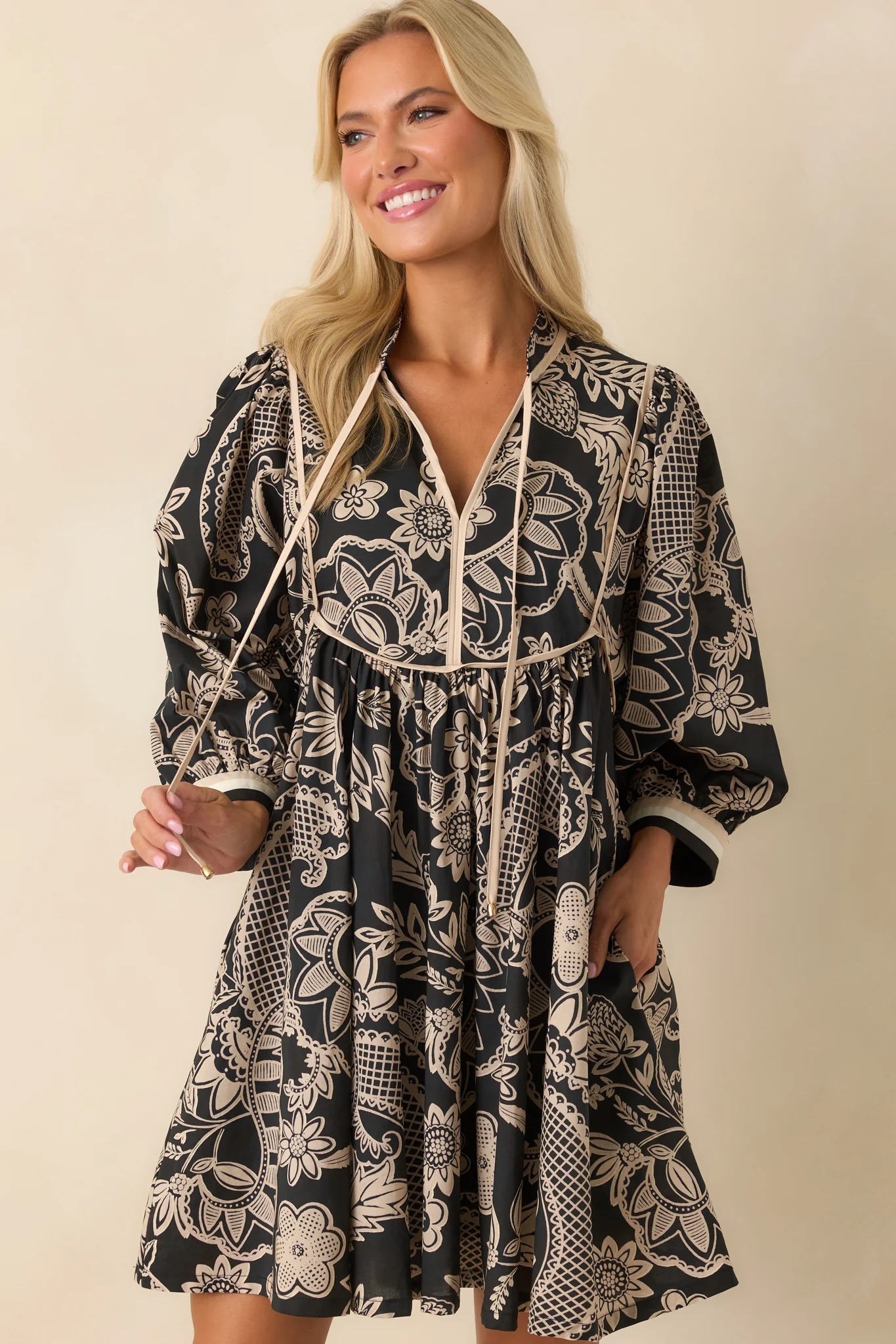 Crisp Morning Air Black Floral Cotton Quarter Sleeve Mini Dress