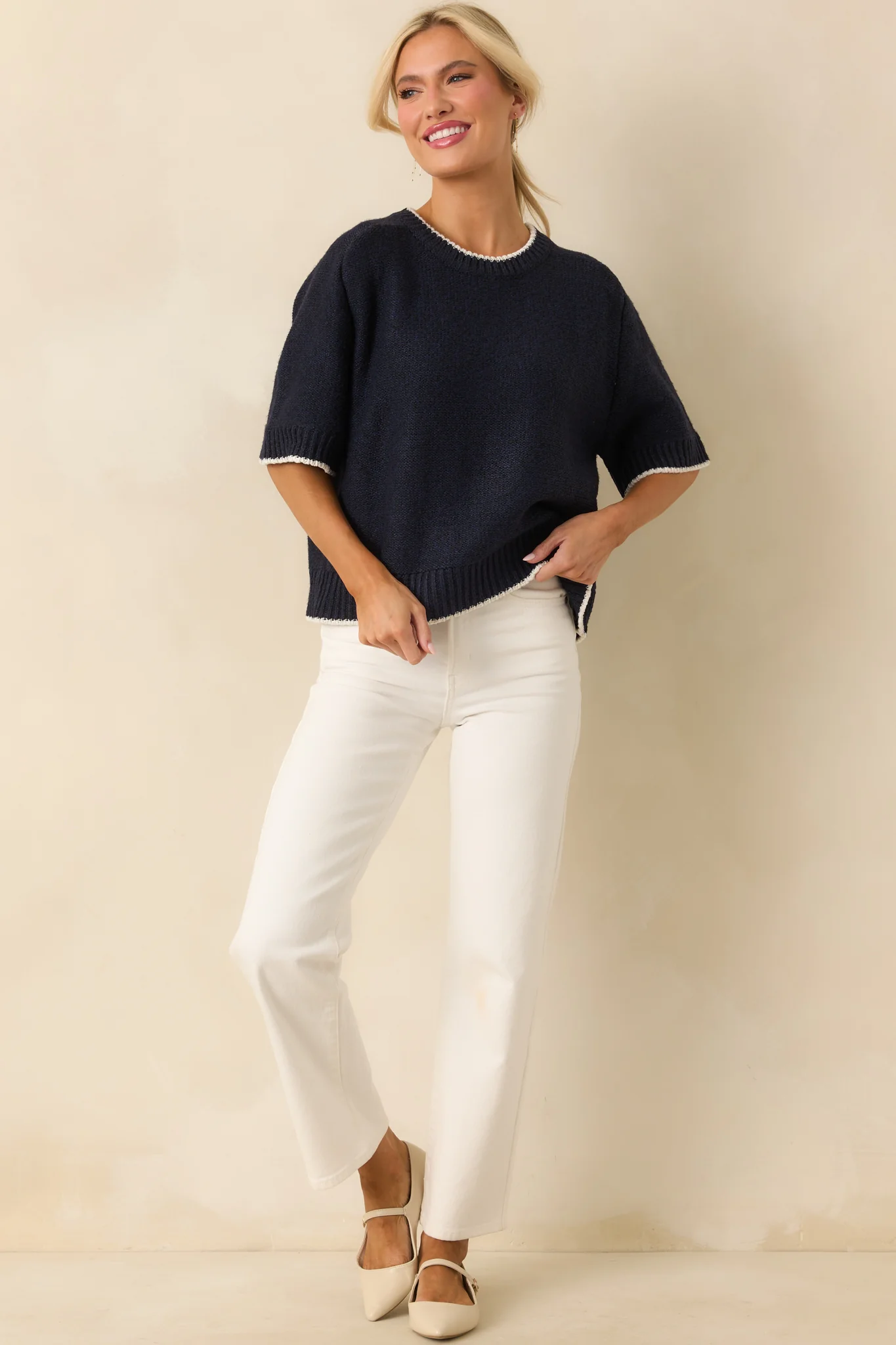 Never Looked Back Navy Contrast Trim Short Sleeve Sweater