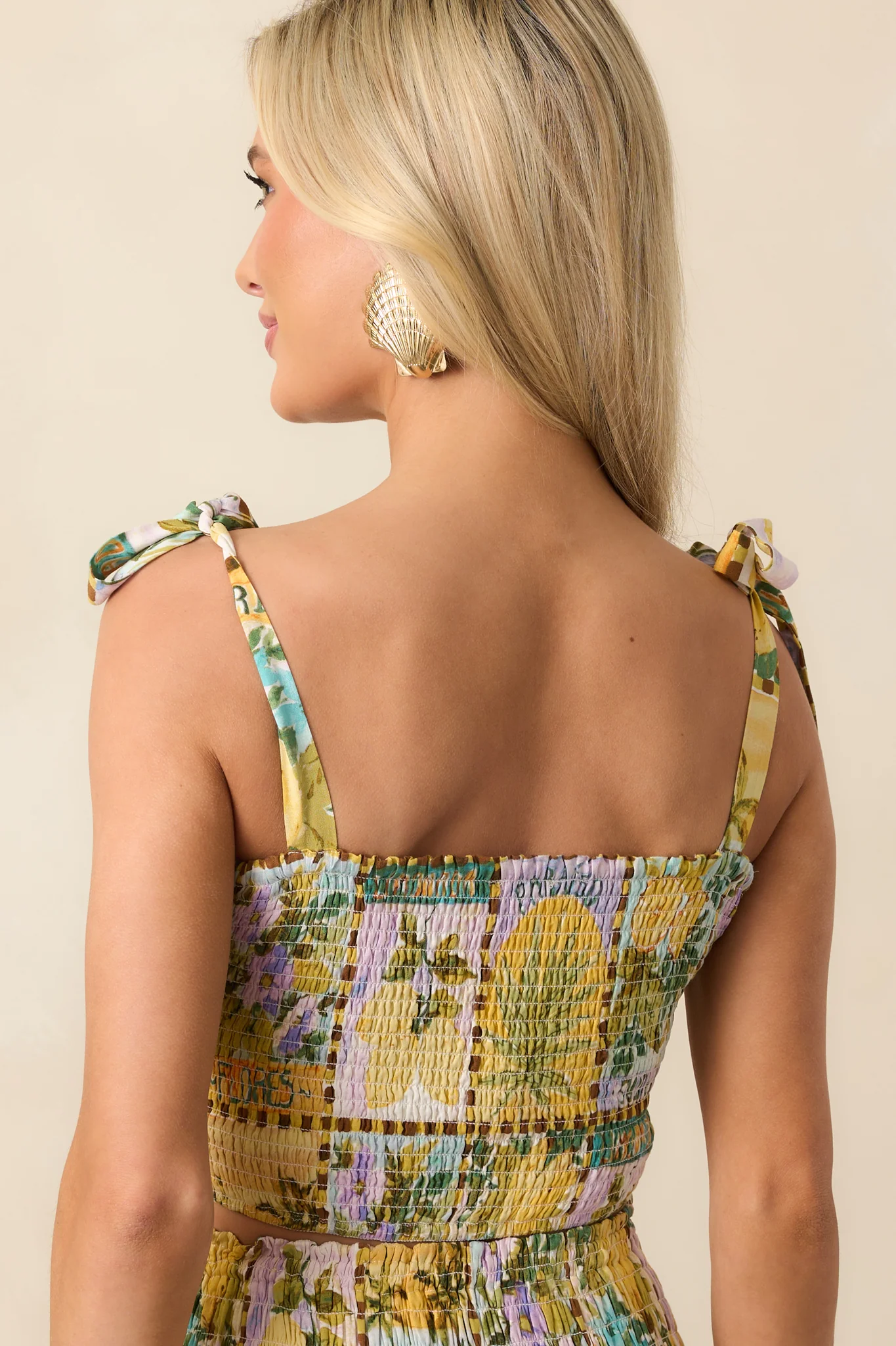 Shore Thing Green Tropical Print Smocked Crop Top