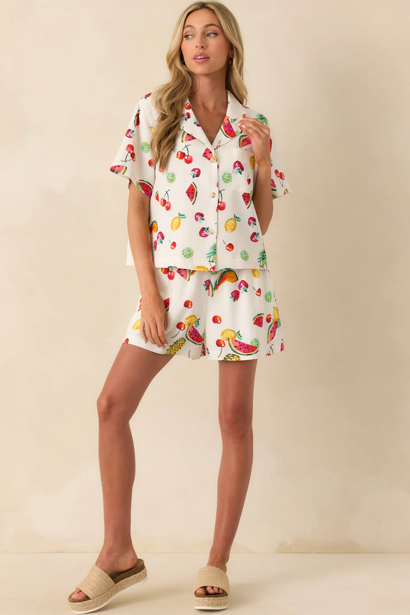 Just Like Before Ivory Multi Fruit Print Button Front Top