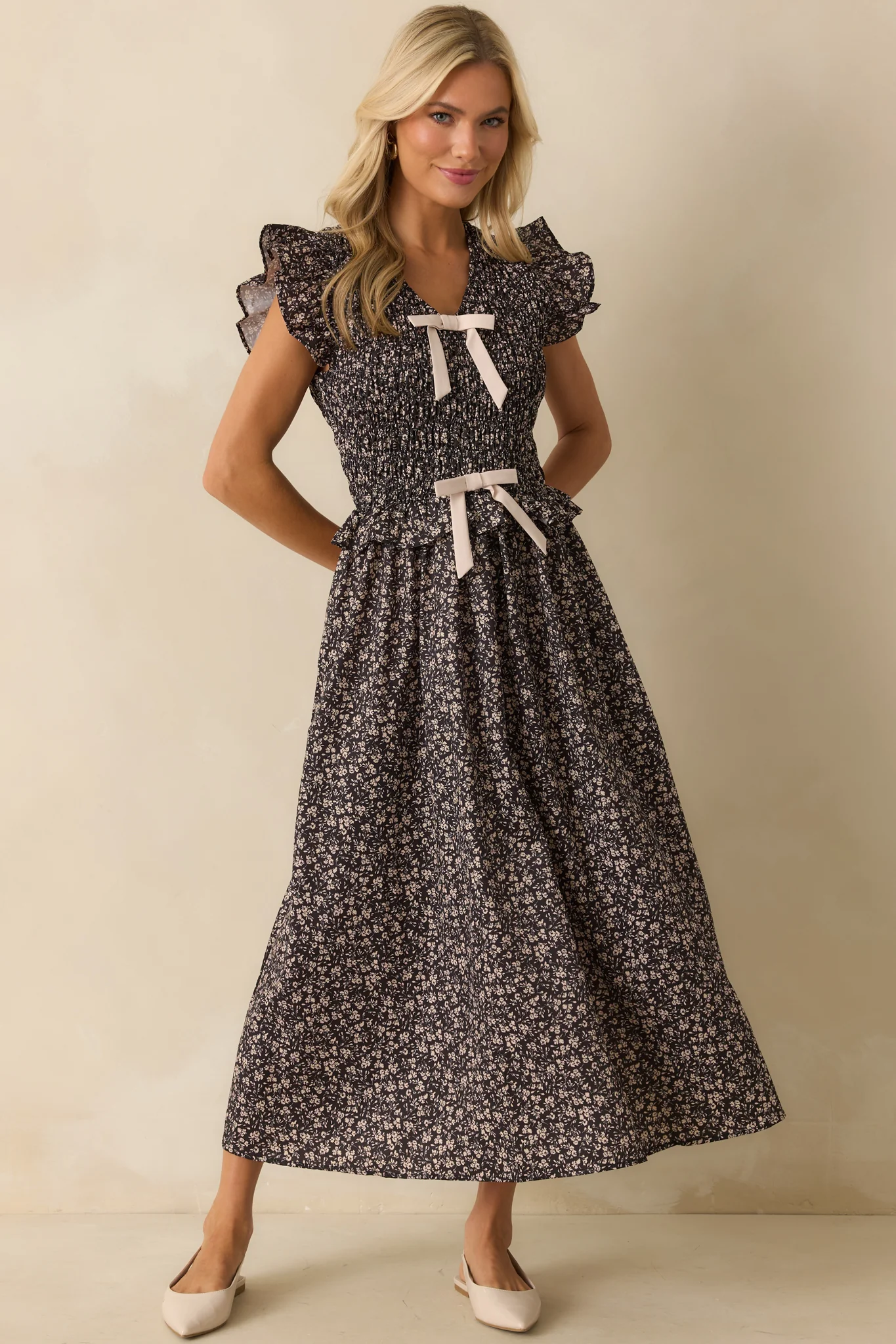 All Signs Point Here Black Floral Print Flutter Sleeve Maxi Dress