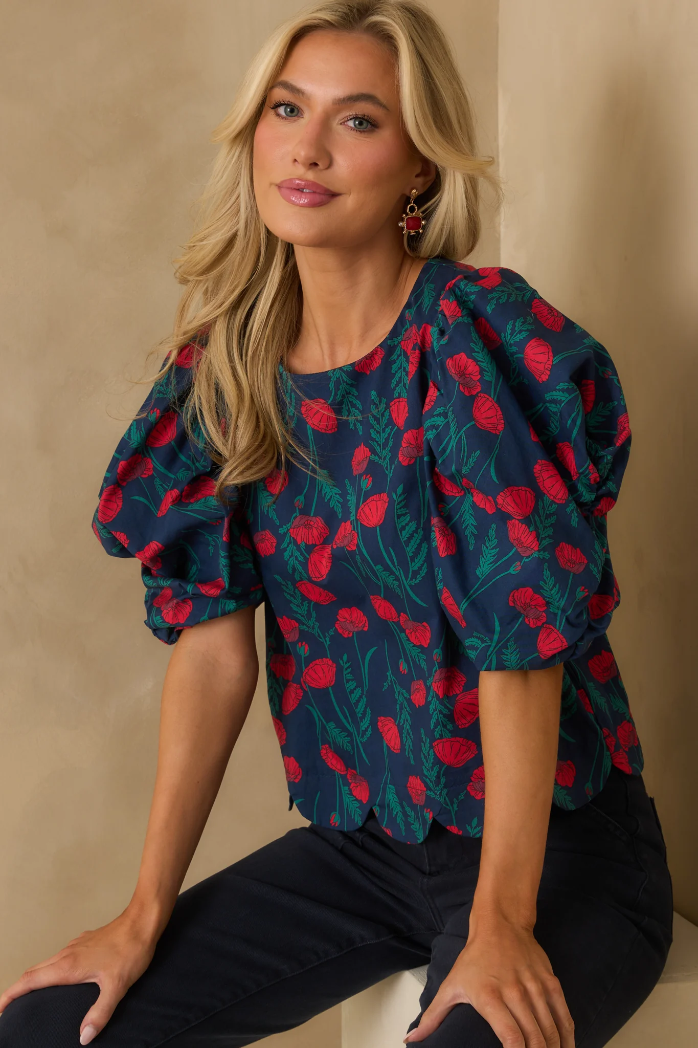 Let Her Be Herself Red Floral Print Cotton Puff Sleeve Top