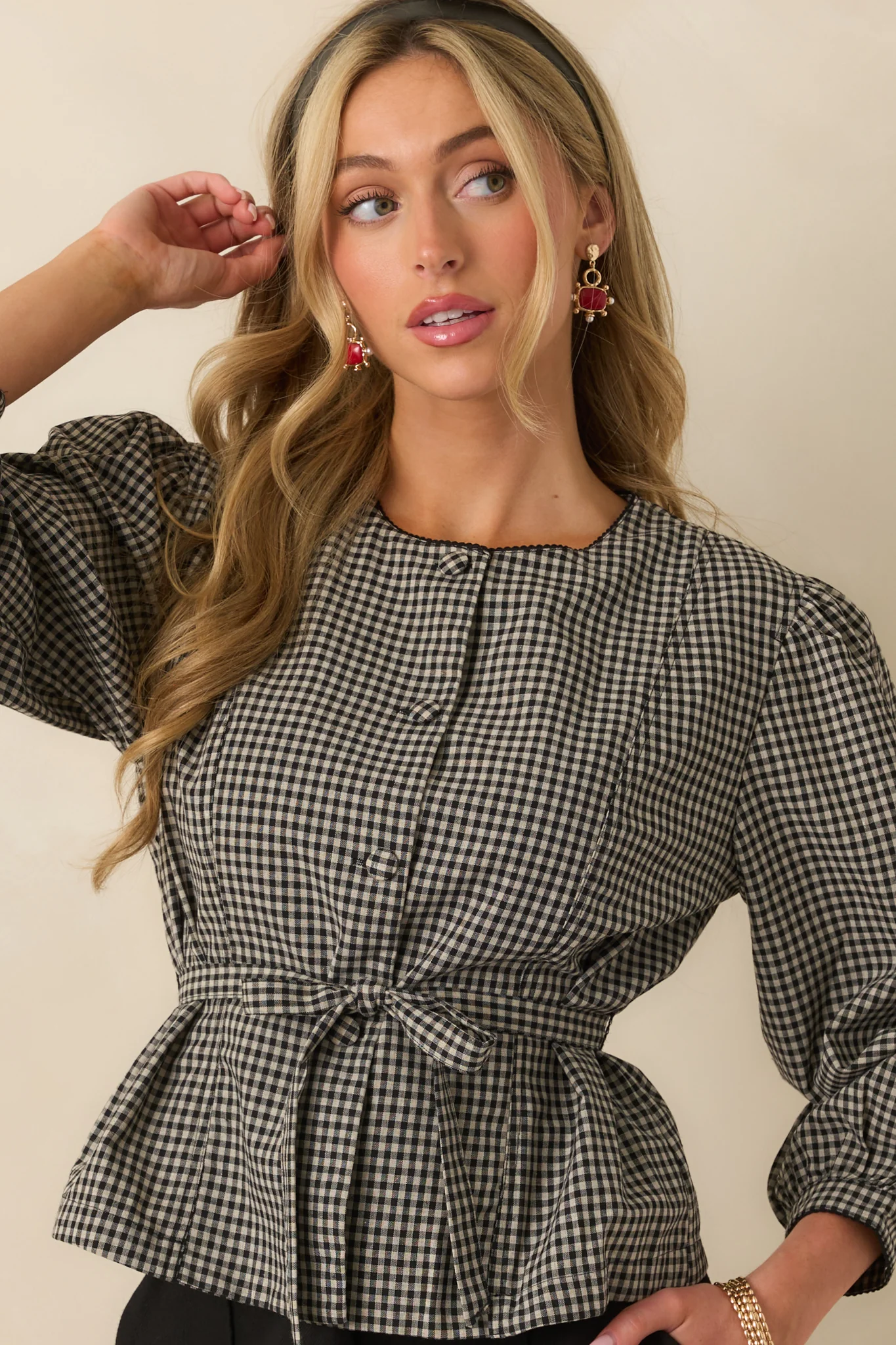 A Defining Moment Black Gingham Linen Blend Belted Blouse