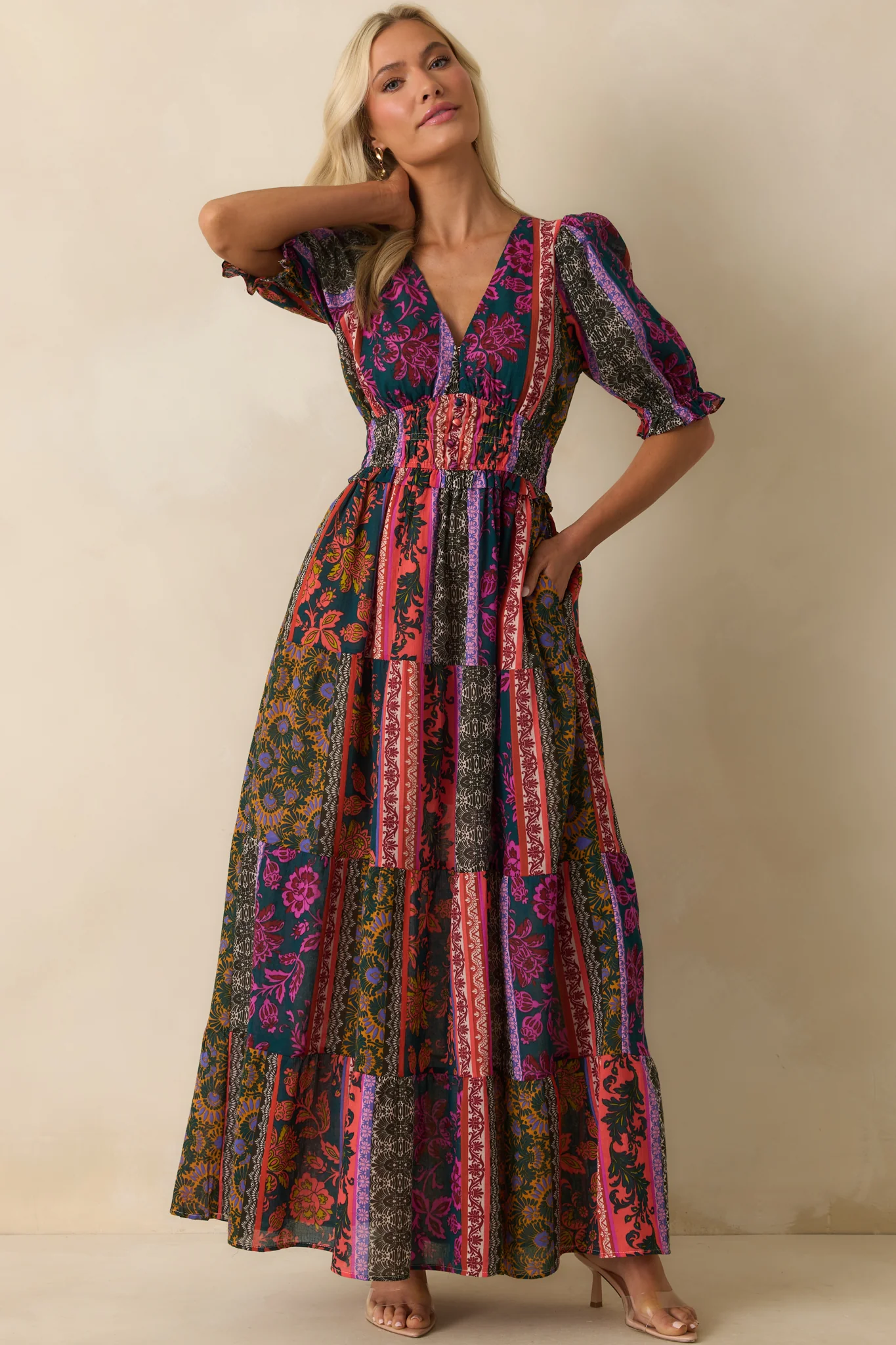 Dream A Little Dark Teal Multi Patchwork Print Cotton Maxi Dress