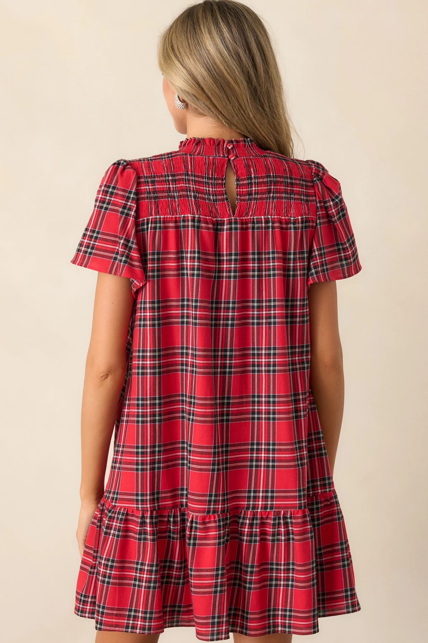 Candlelight Chats Cotton Red Plaid Mock Neck Mini Dress