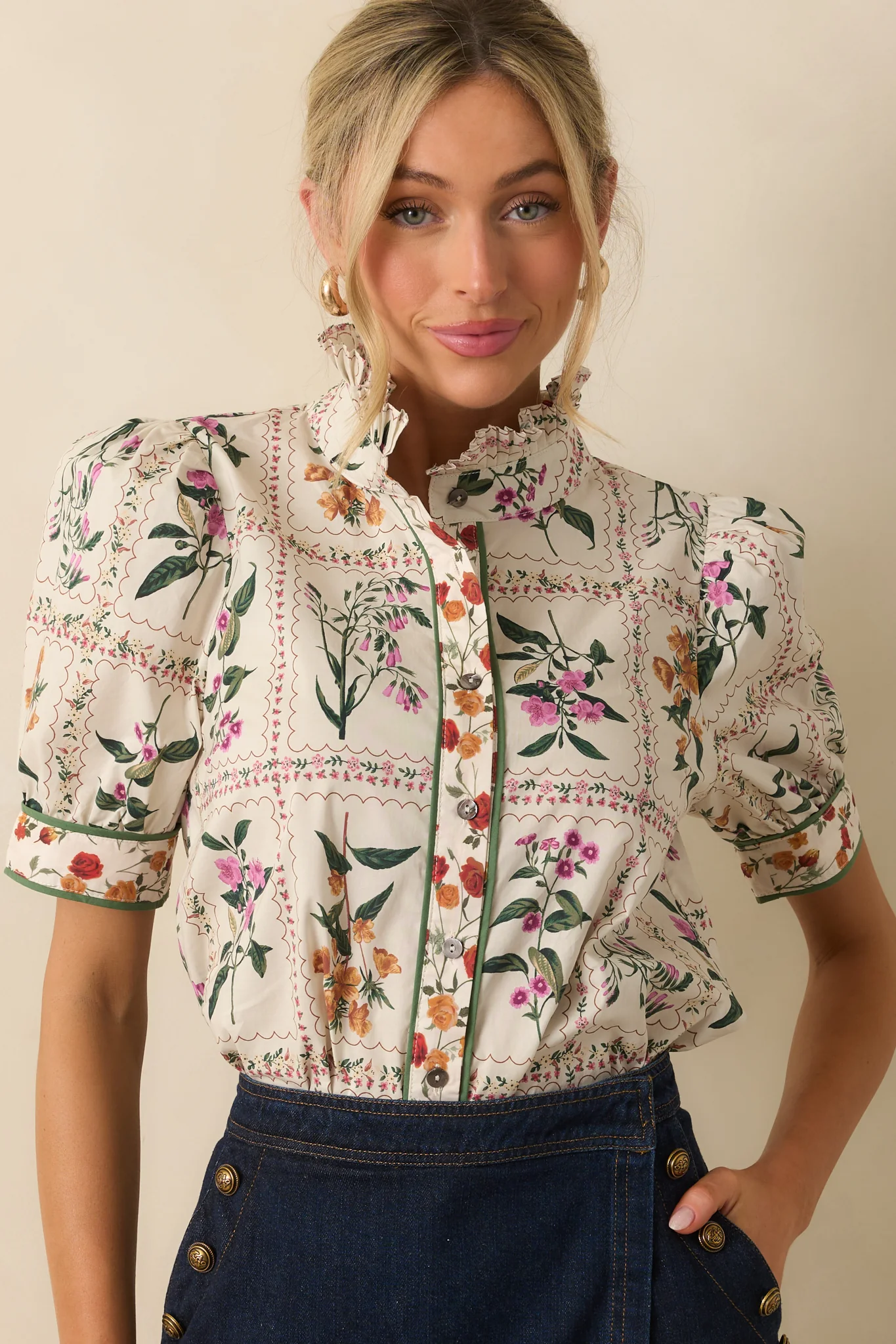Full Of Light Ivory Multi Floral Print Cotton Button Up Top