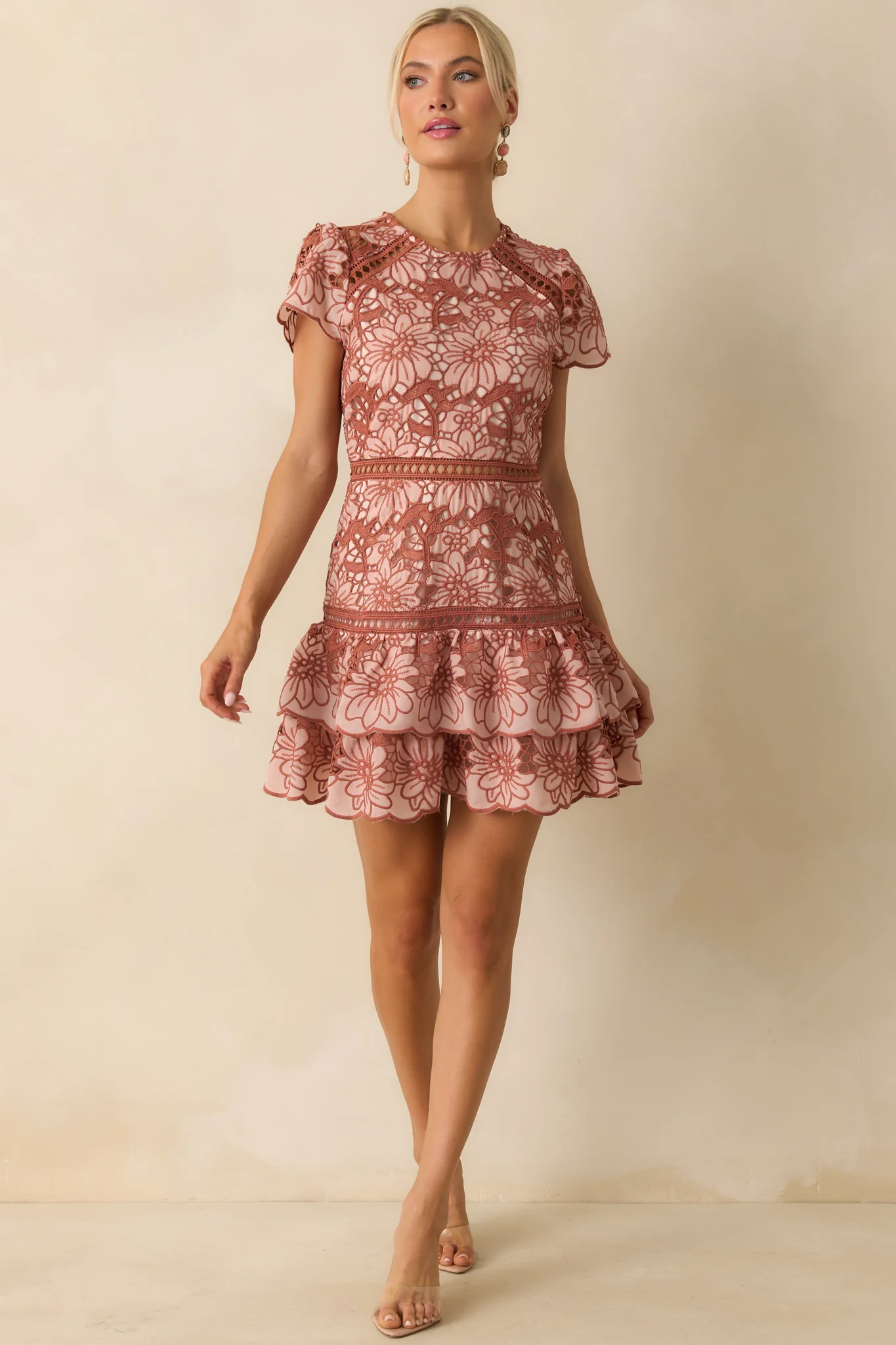 Can’t Miss This Terracotta Multi Floral Embroidered Lace Mini Dress