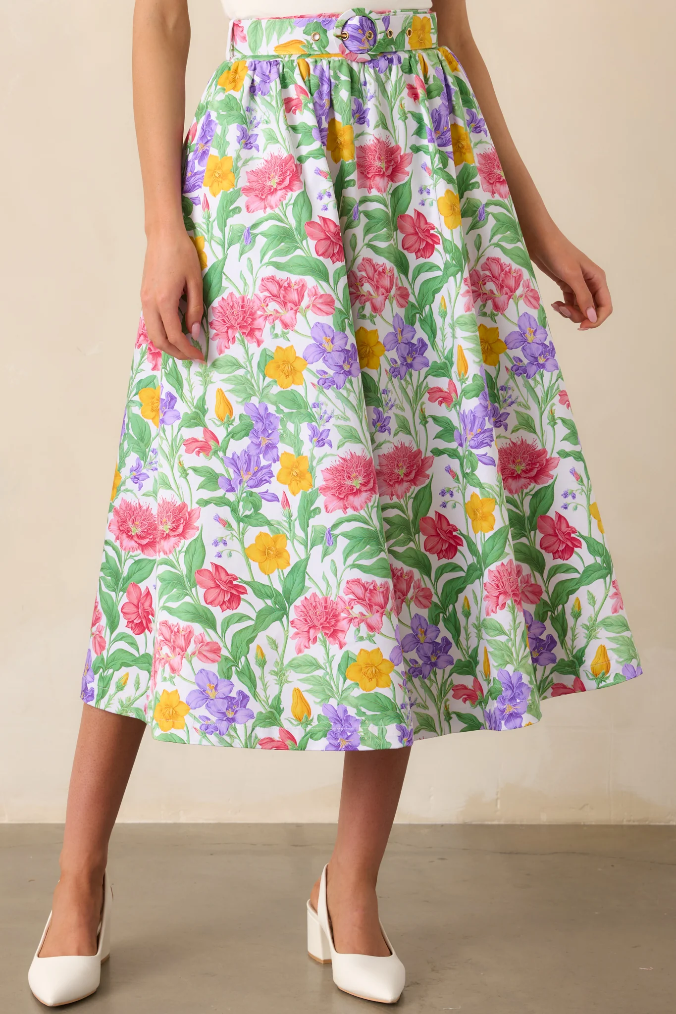 Thena Garden Party Floral Cotton Belted Midi Skirt