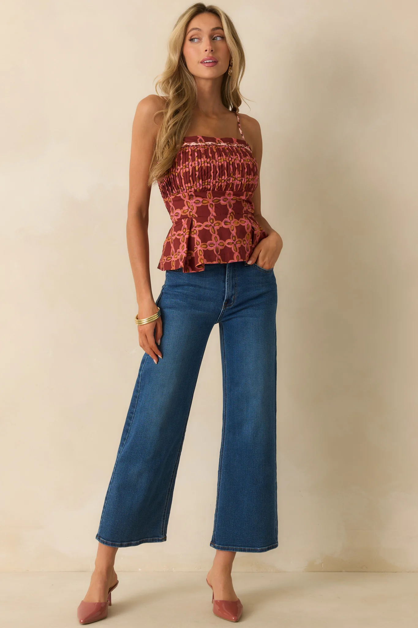 The Bottom Line Pink Multi Geometric Print Cotton Peplum Top