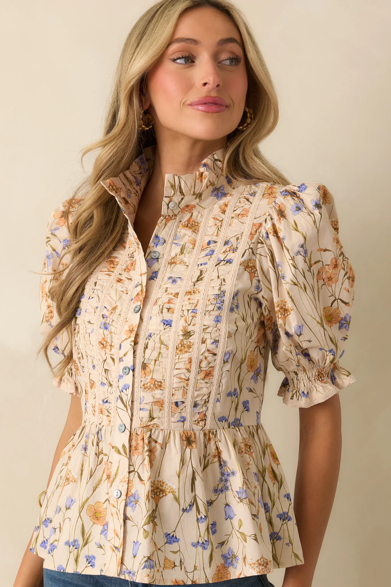 You Know Her Beige Multi Floral Print Cotton Peplum Top