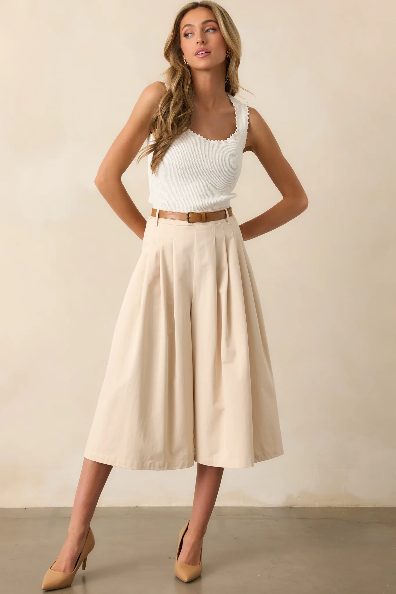 Uncharted Territory Beige Cotton Wide Leg Belted Culotte Pants