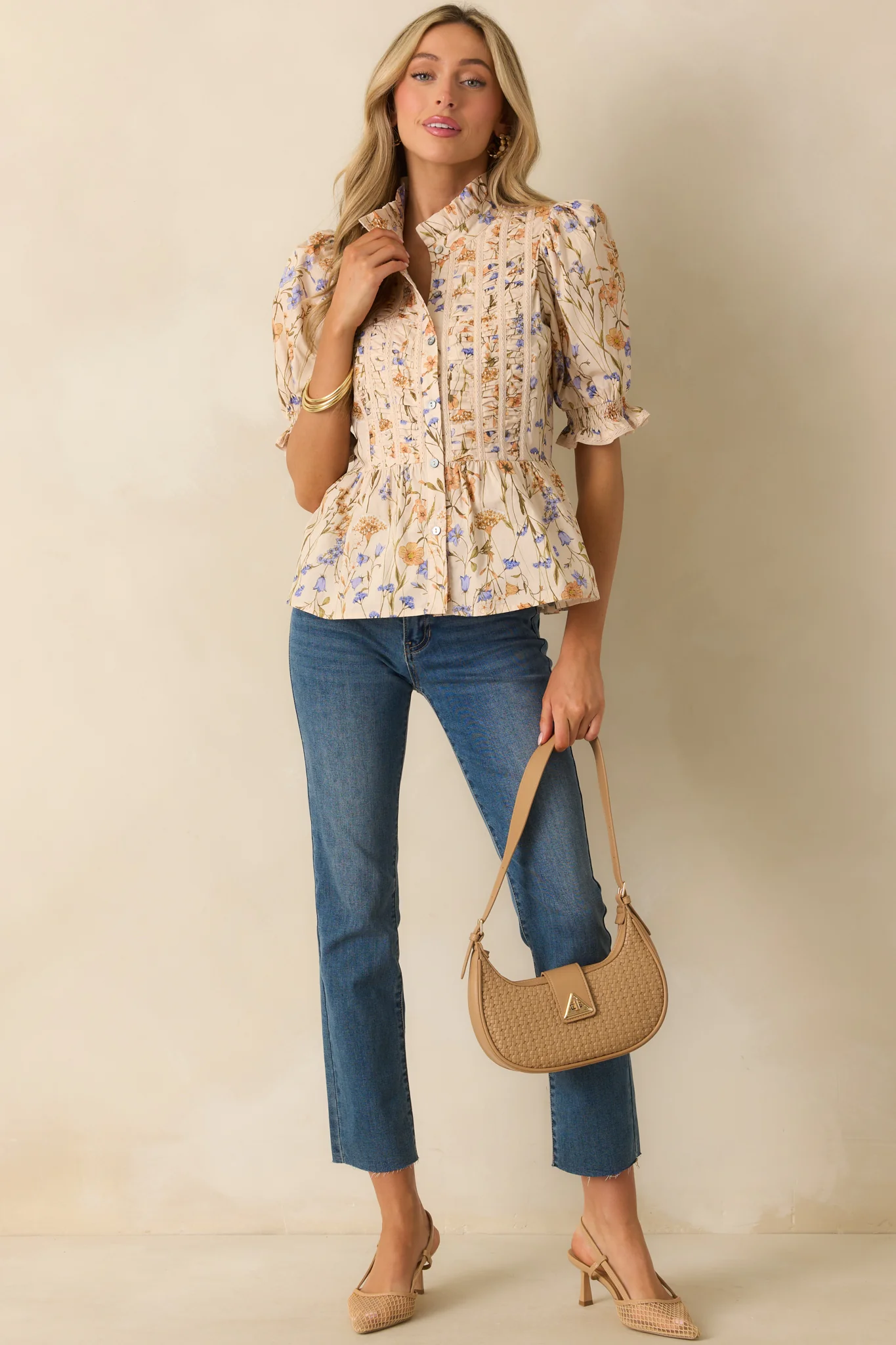 You Know Her Beige Multi Floral Print Cotton Peplum Top