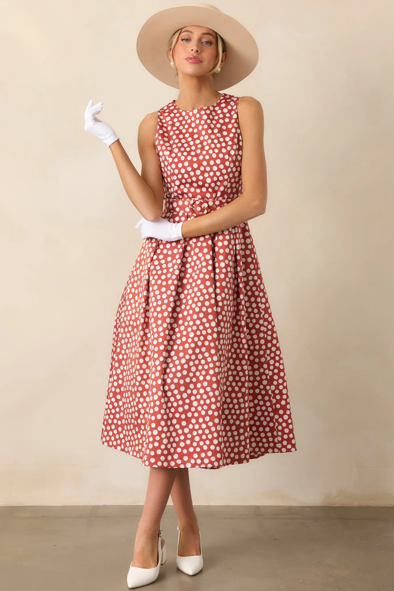 Prosperina Ava Brick Red Polka Dot Cotton Midi Dress