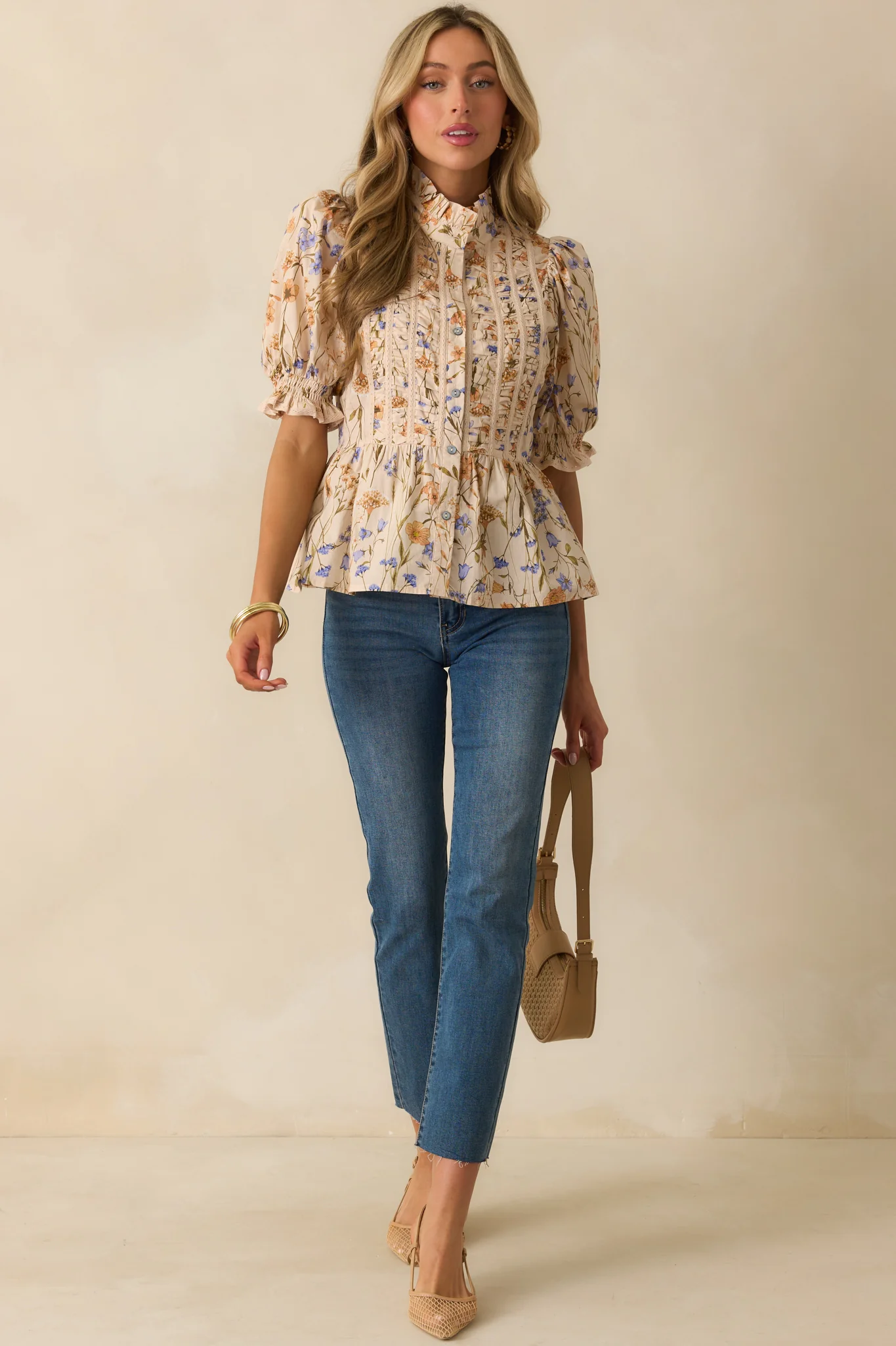 You Know Her Beige Multi Floral Print Cotton Peplum Top