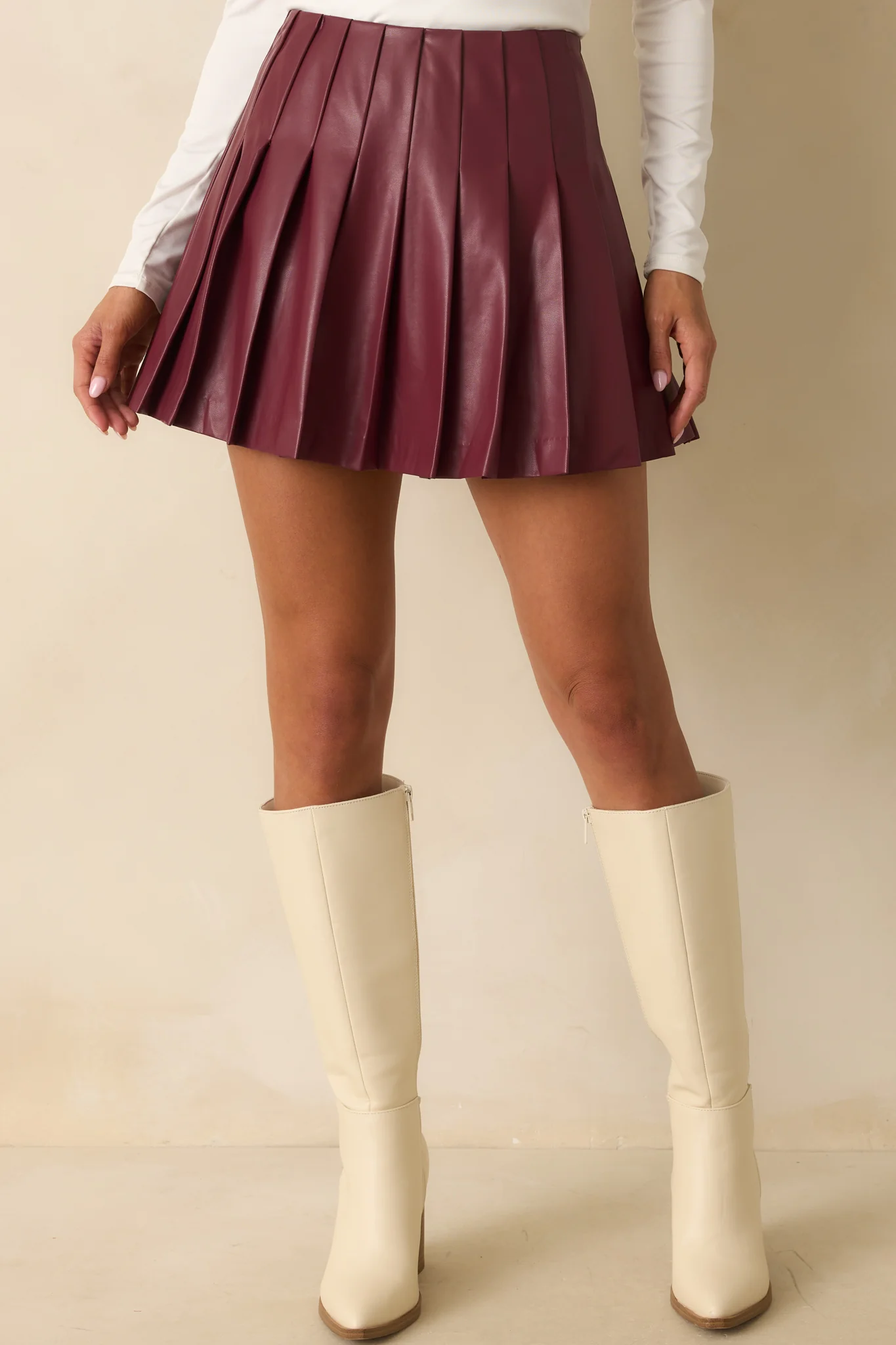 Comes Down To This Wine Red Faux Leather Pleated Mini Skirt