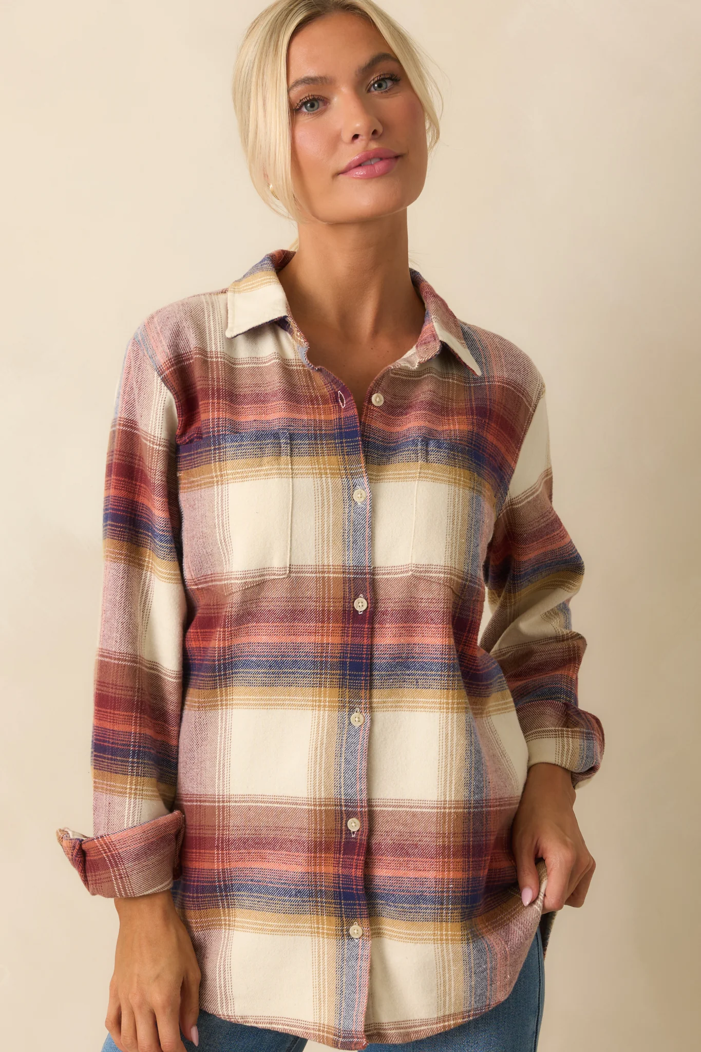 Thread & Supply Ivory Multi Plaid Cotton Desiree Shirt