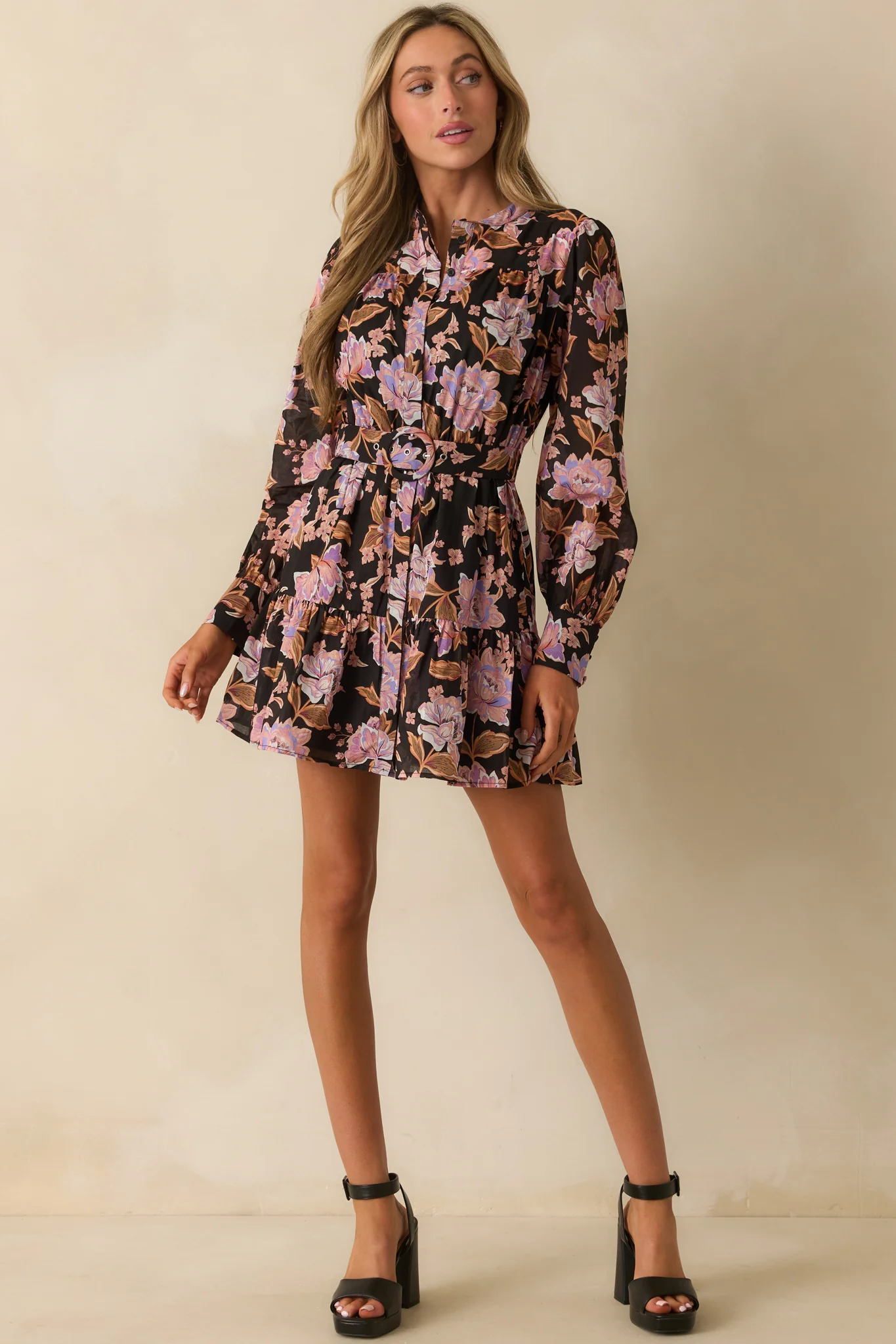 MINKPINK Black Multi Floral Print Cotton Willow Belted Mini Dress