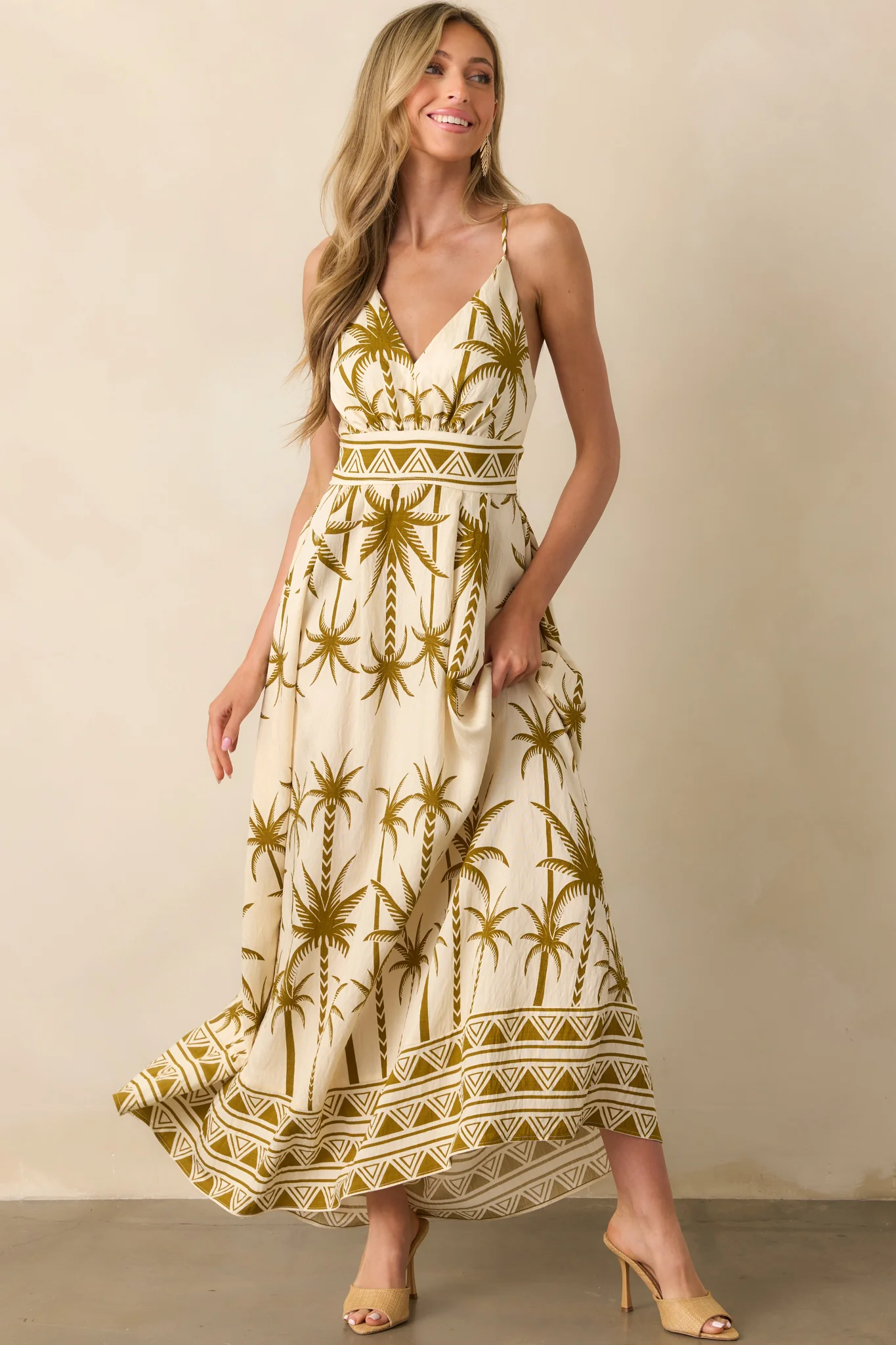 Found My Happy Place Tan Tropical Print Open Back Maxi Dress