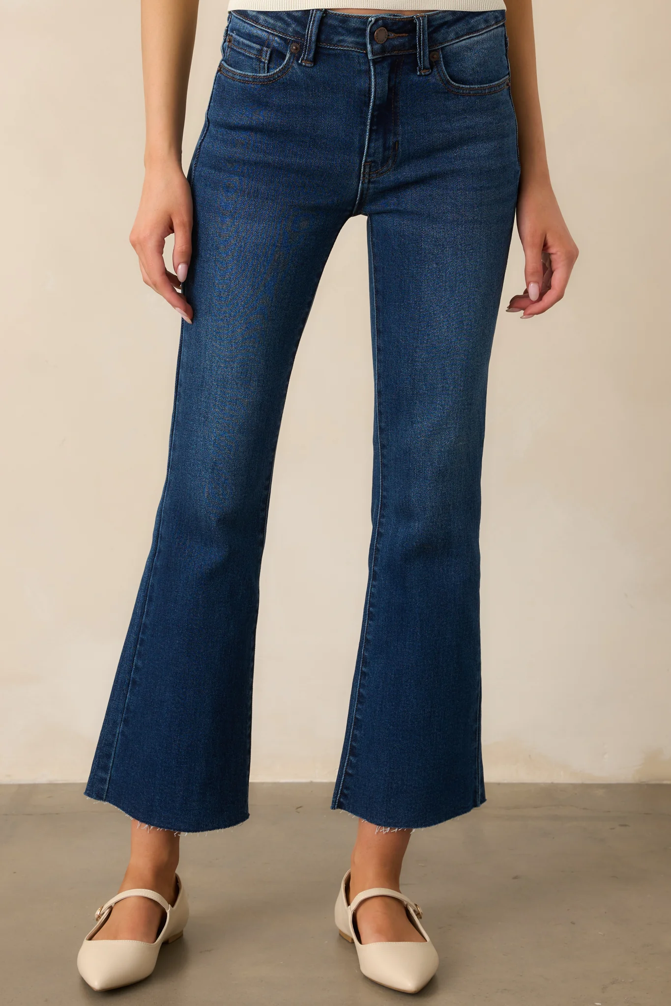 Back And Forth Dark Wash Mid Rise Cropped Flare Jeans