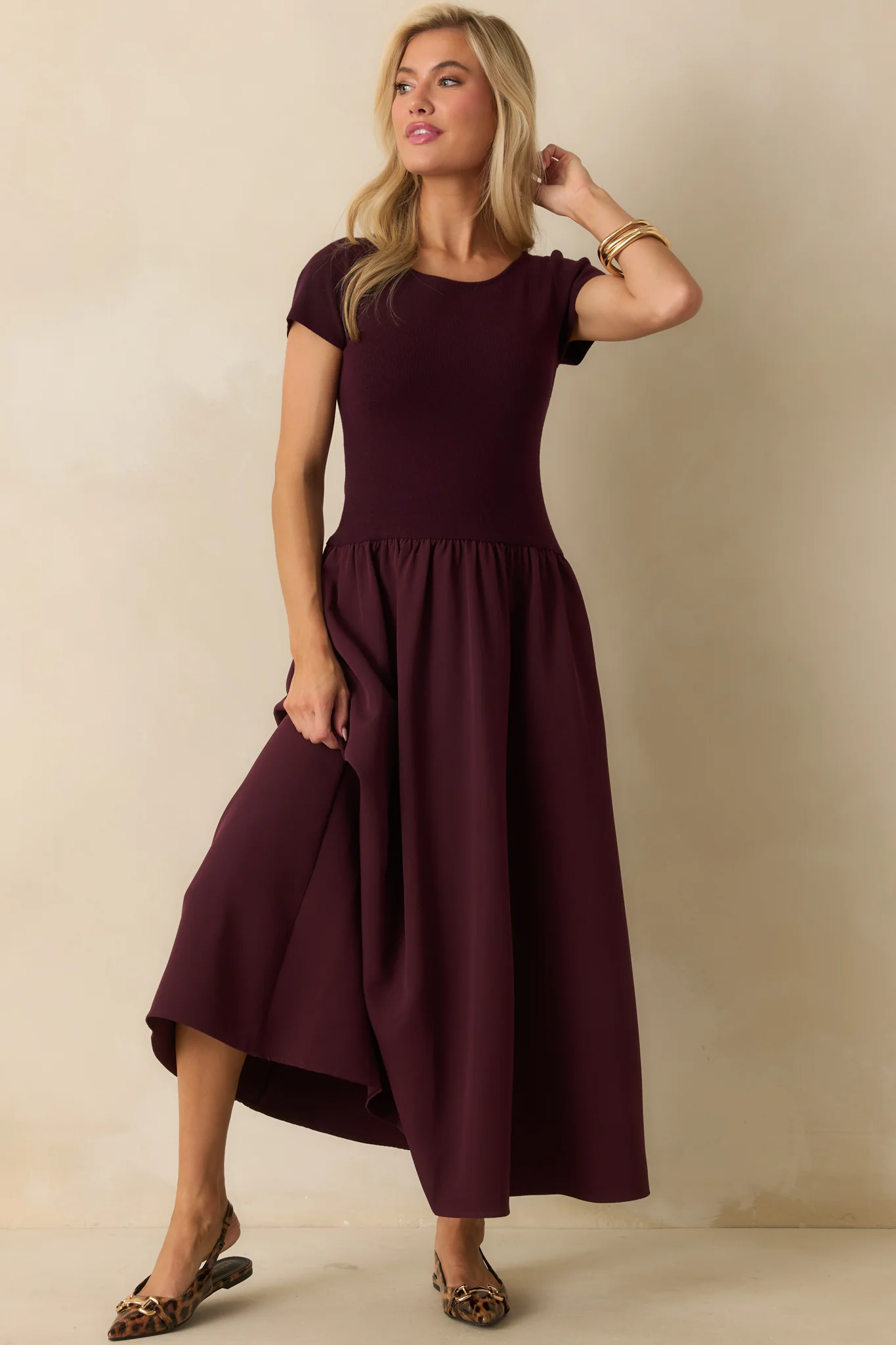 All Is Well Wine Red Ribbed Knit Bodice Short Sleeve Maxi Dress