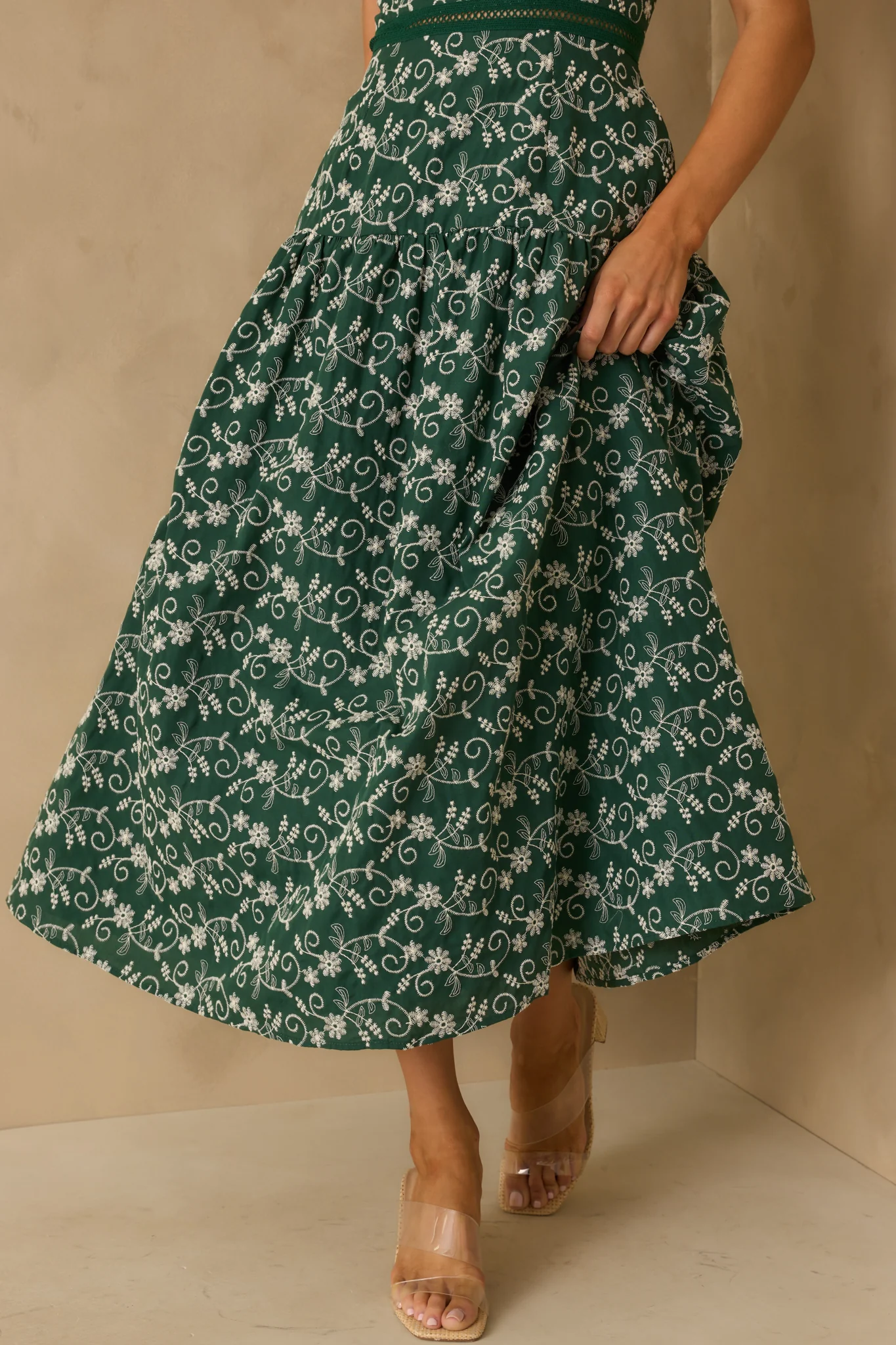 On My Side Hunter Green Floral Embroidered Eyelet Maxi Dress