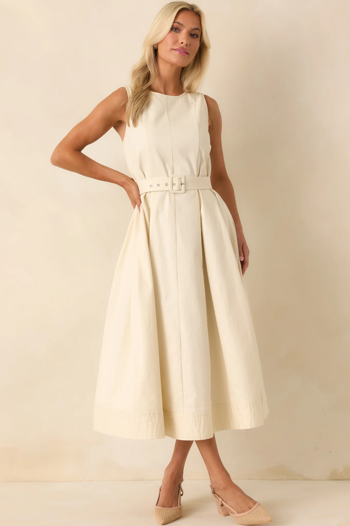 Young At Heart Ecru Belted Sleeveless Maxi Dress