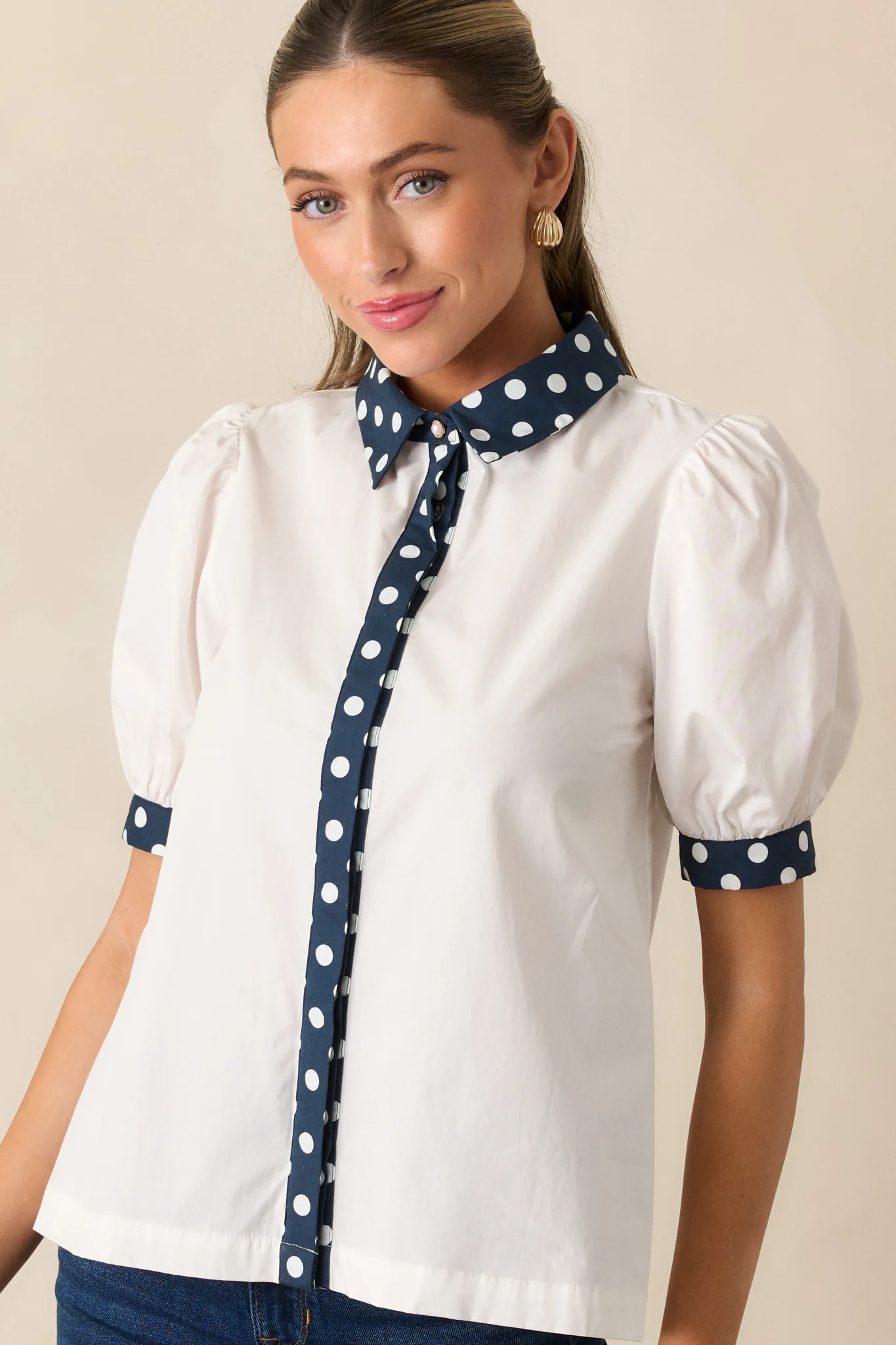 Prosperina Penny White Cotton Button Front Top