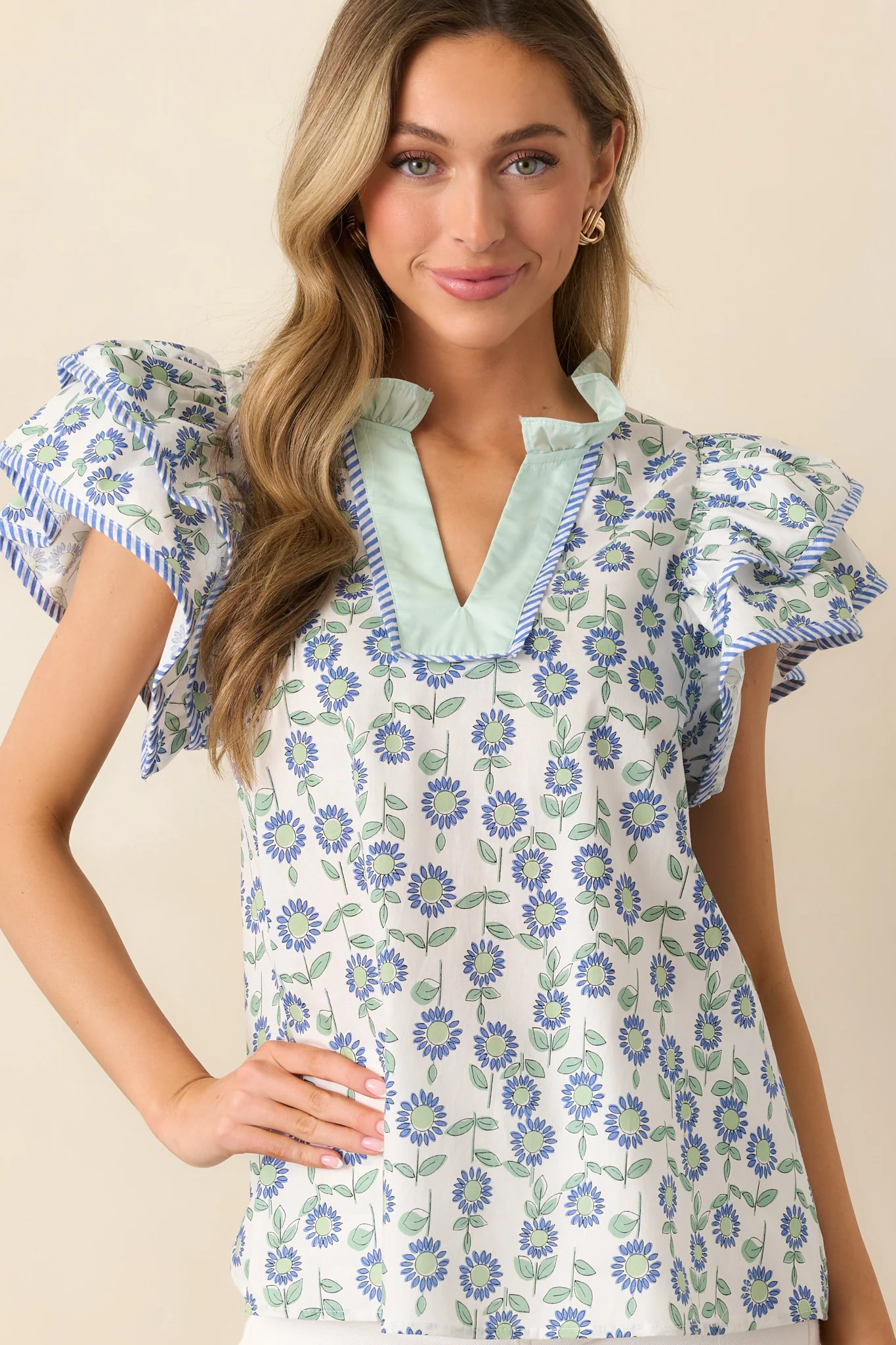 The More The Merrier Green Floral Cotton Flutter Sleeve Top