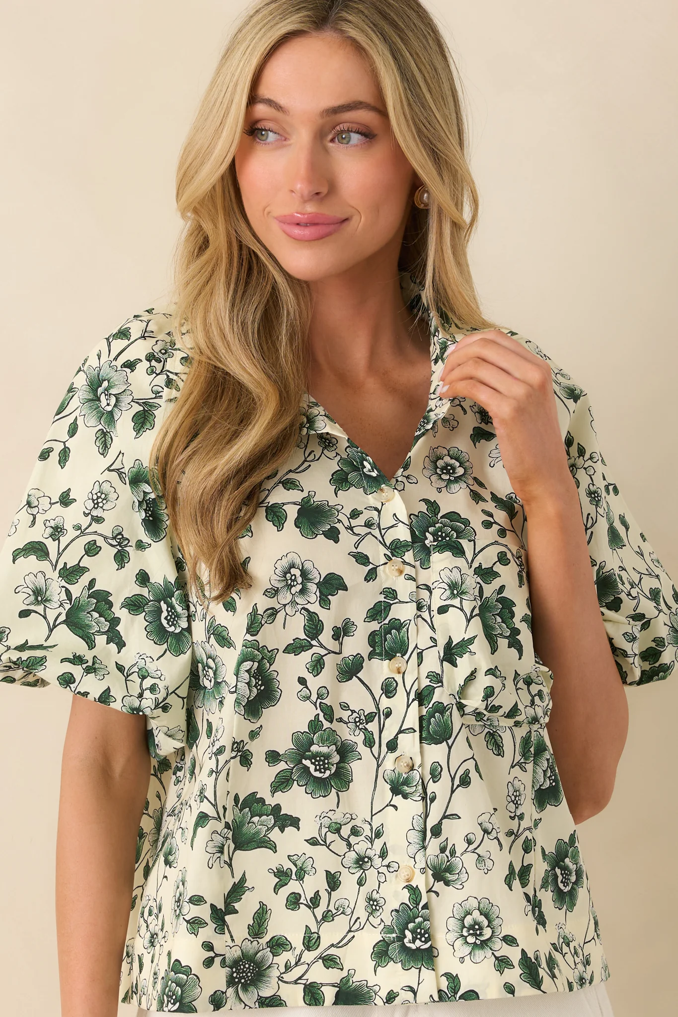 A Sweet Surprise Green Floral Print Cotton Puff Sleeve Top