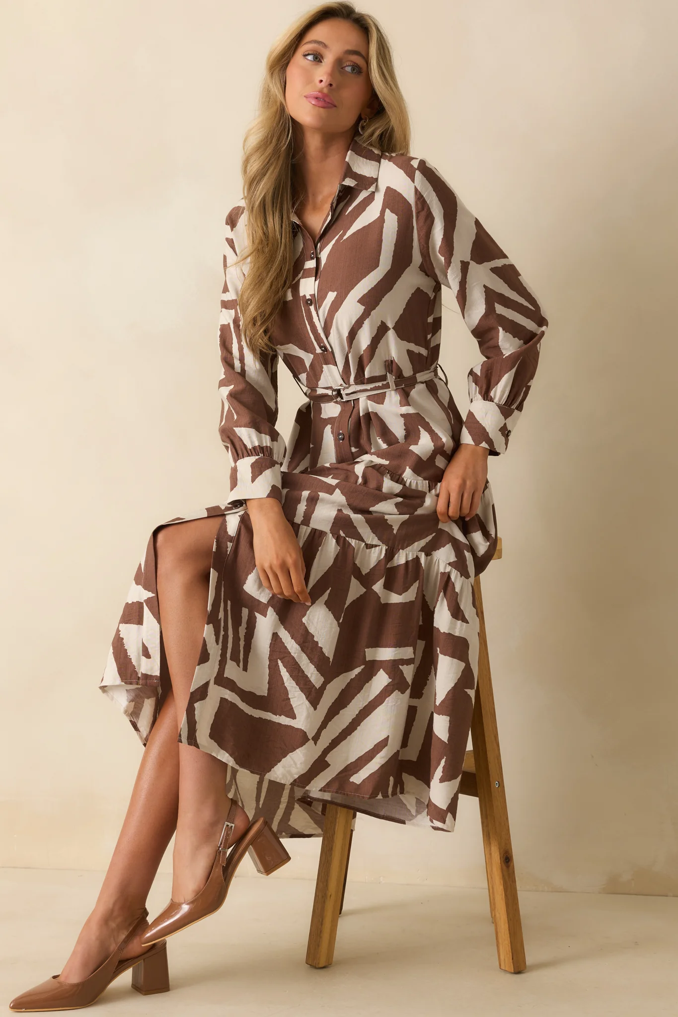 Straight To The Point Brown Abstract Print Belted Maxi Shirt Dress