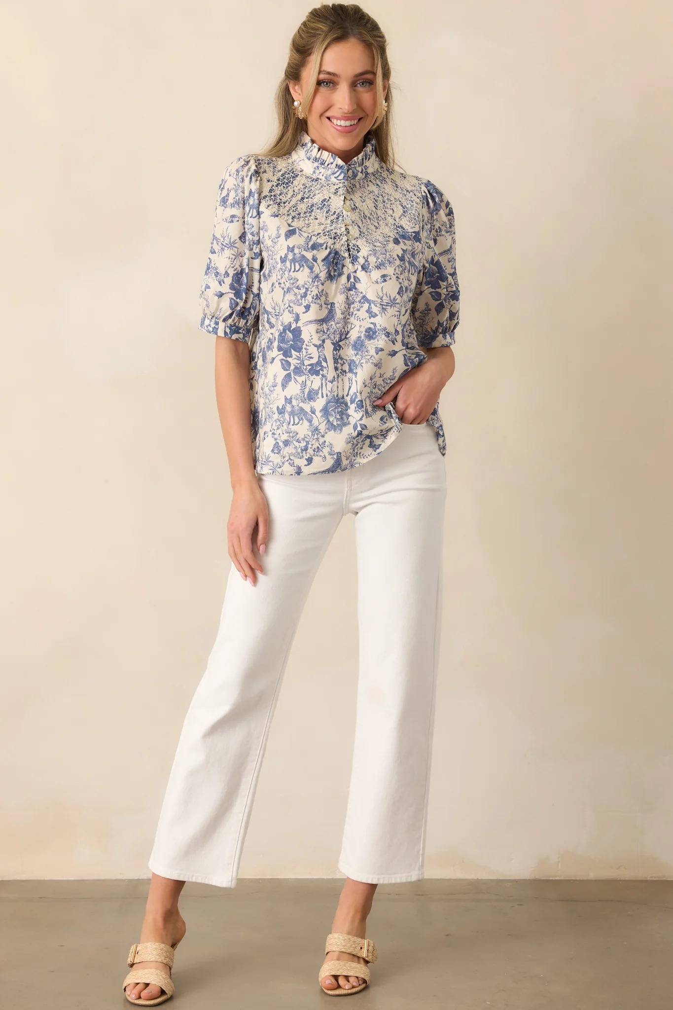 Blue Cotton Toile Half Sleeve Top