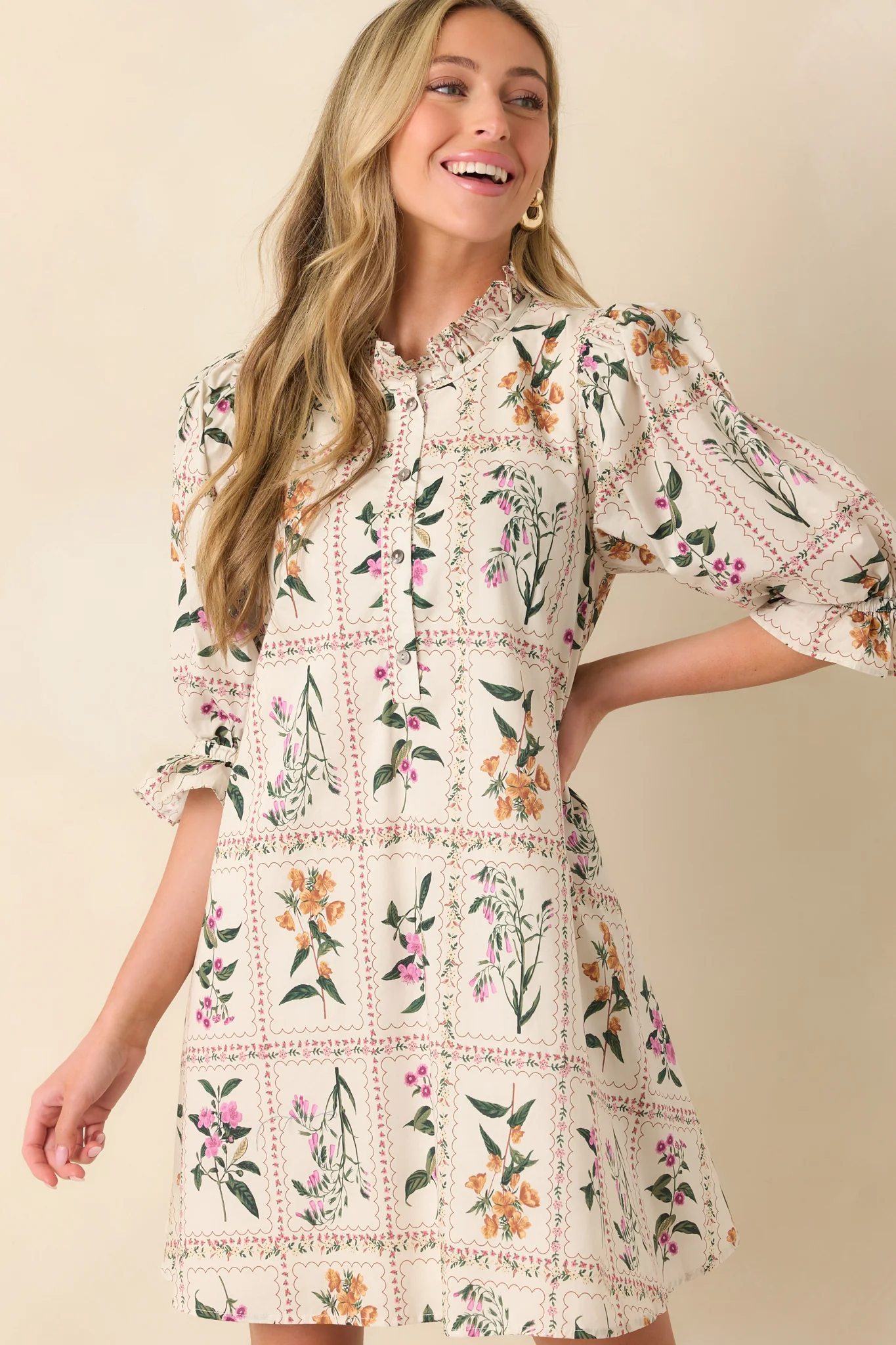 Do It Just For You Ivory Multi Floral Print Cotton Mini Dress