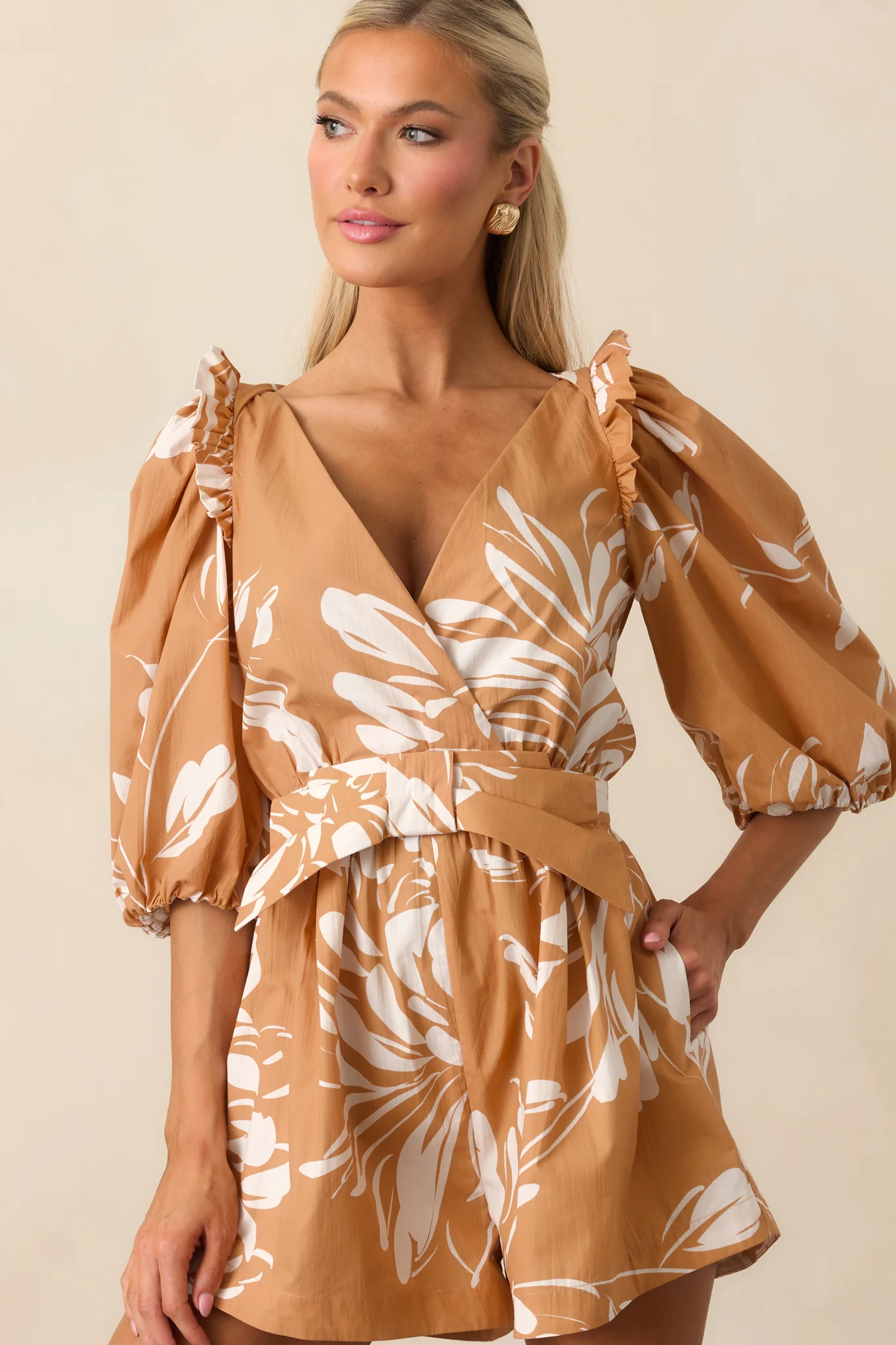 Fawn Brown Multi Floral Print Cotton Romper