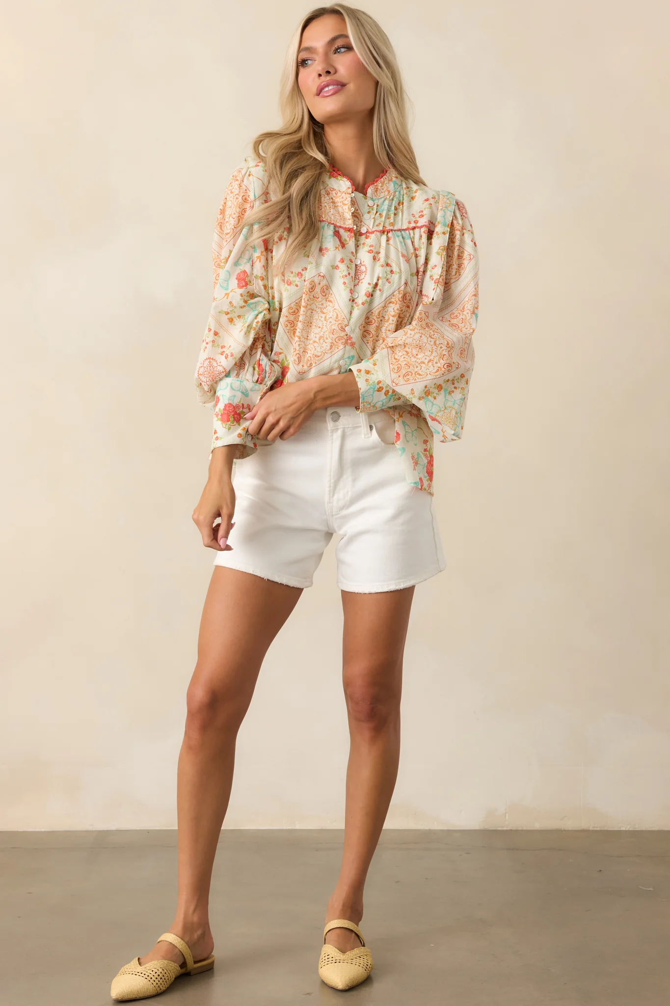 Moments That Linger Orange Patchwork Cotton Button Front Top