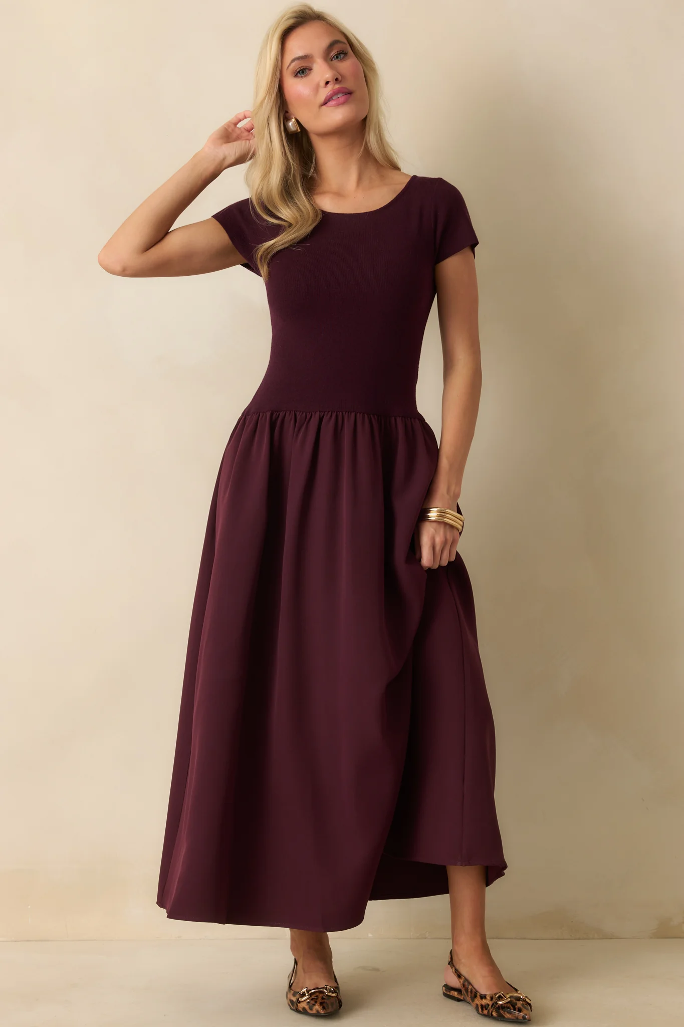 All Is Well Wine Red Ribbed Knit Bodice Short Sleeve Maxi Dress