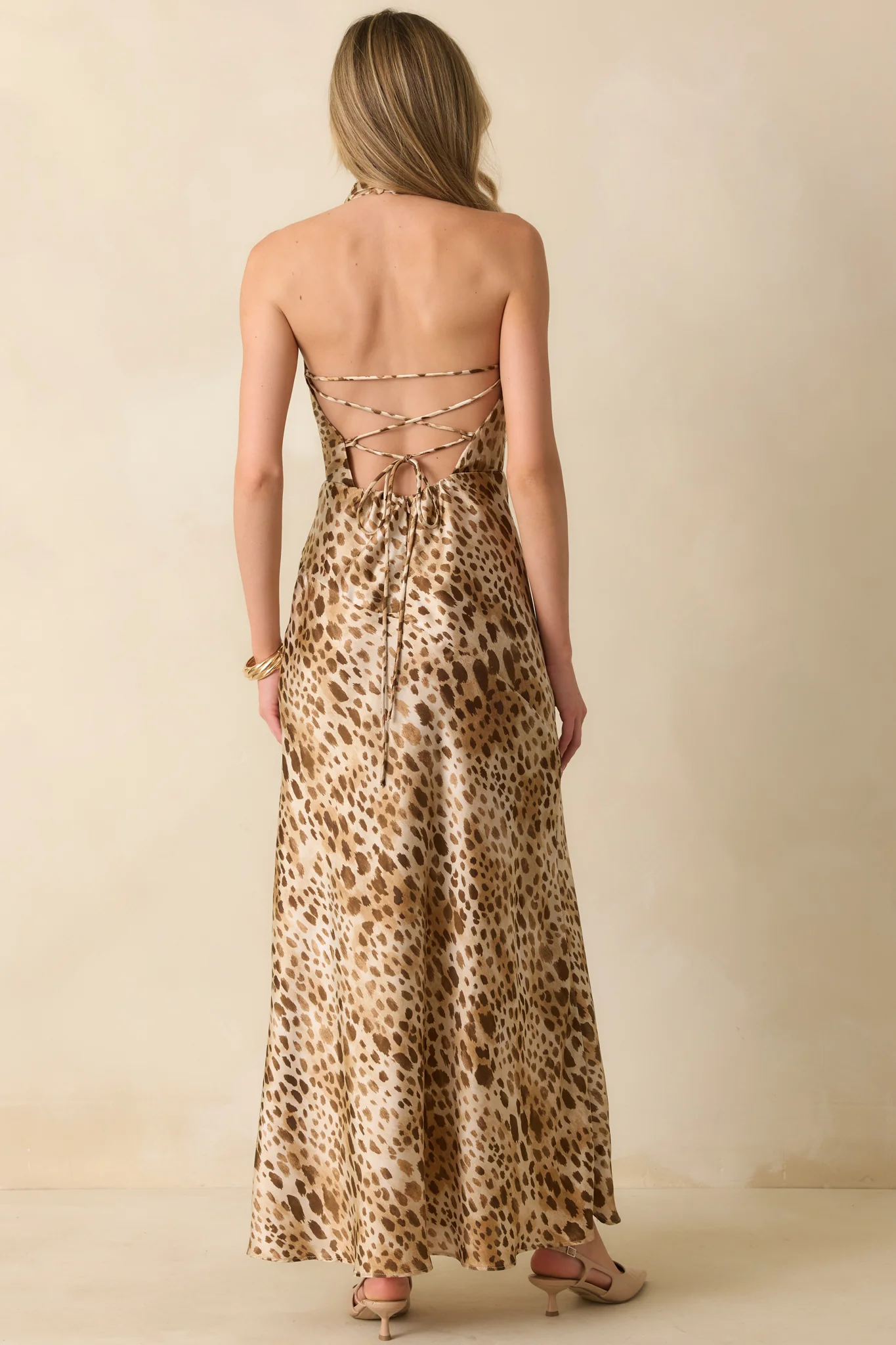In Case You Forgot Tan Leopard Print Satin Halter Maxi Dress