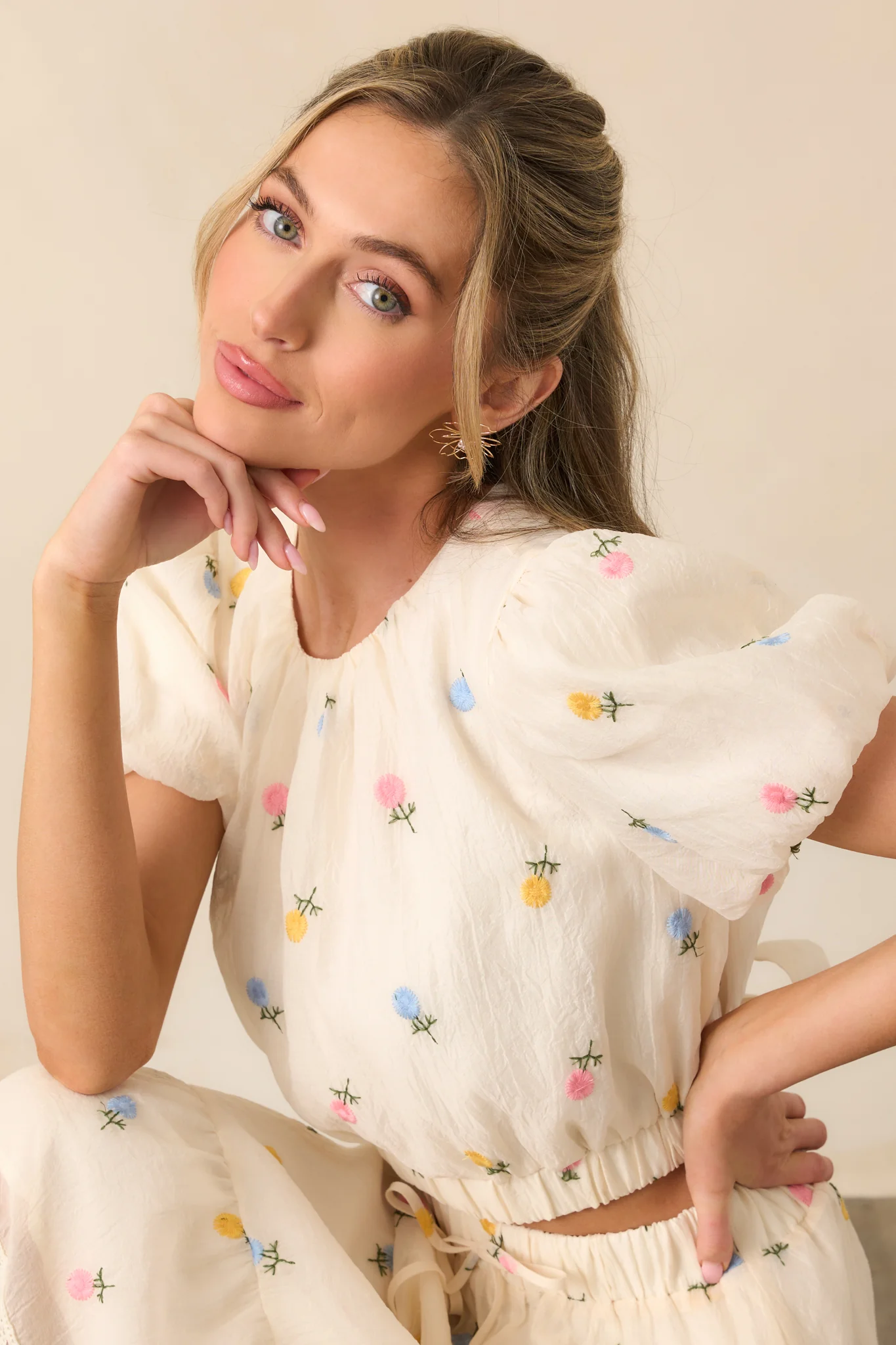 Stay Resilient Ivory Floral Embroidered Puff Sleeve Top