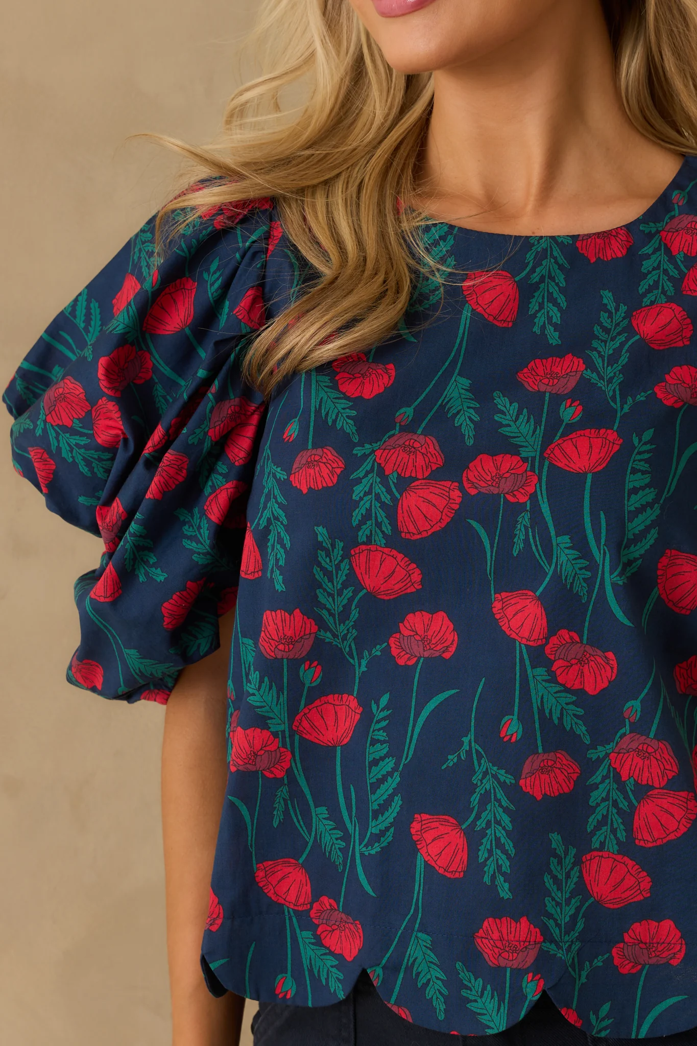 Let Her Be Herself Red Floral Print Cotton Puff Sleeve Top