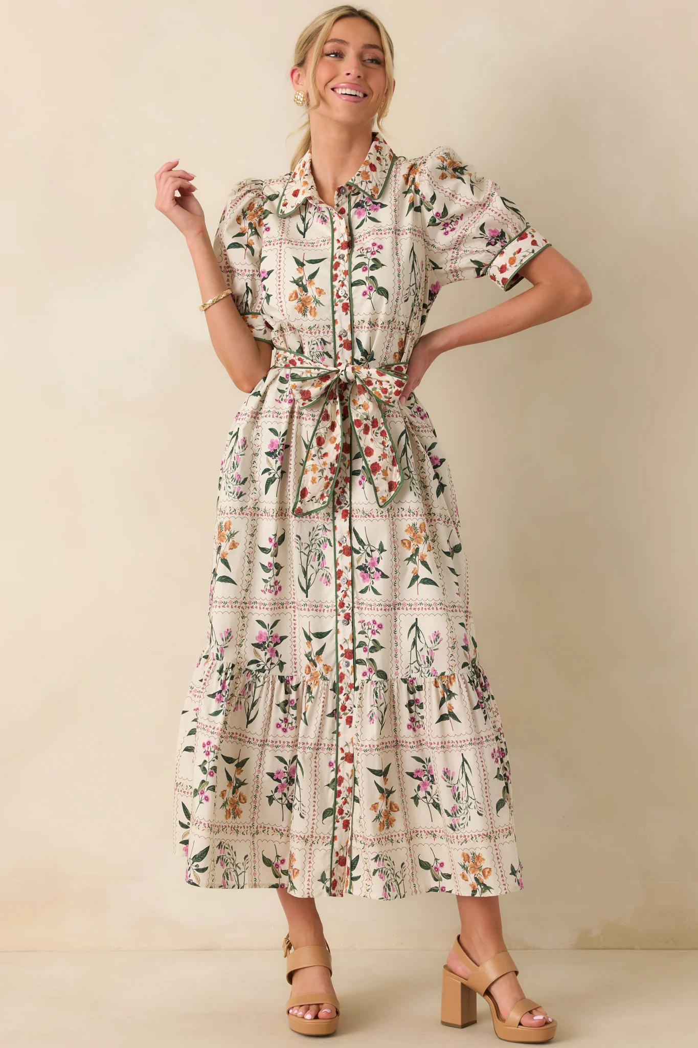 Look No Further Ivory Multi Floral Print Cotton Maxi Shirt Dress