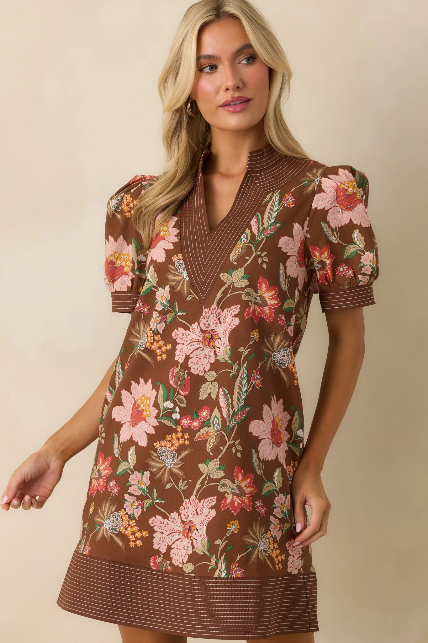 No Doubt About It Brown Multi Floral Print Cotton Mini Dress