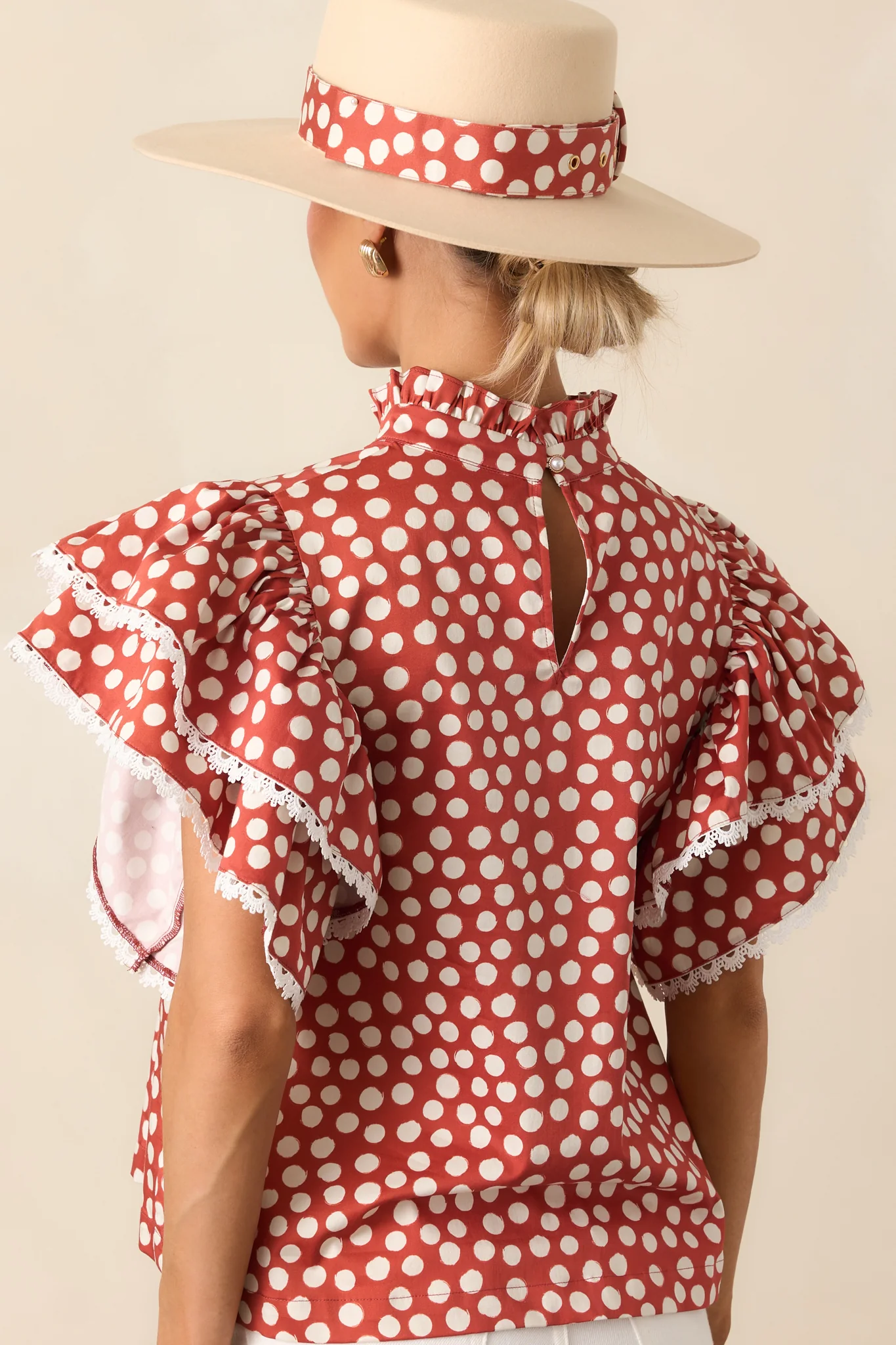Prosperina Blair Brick Red Polka Dot Cotton Ruffle Top