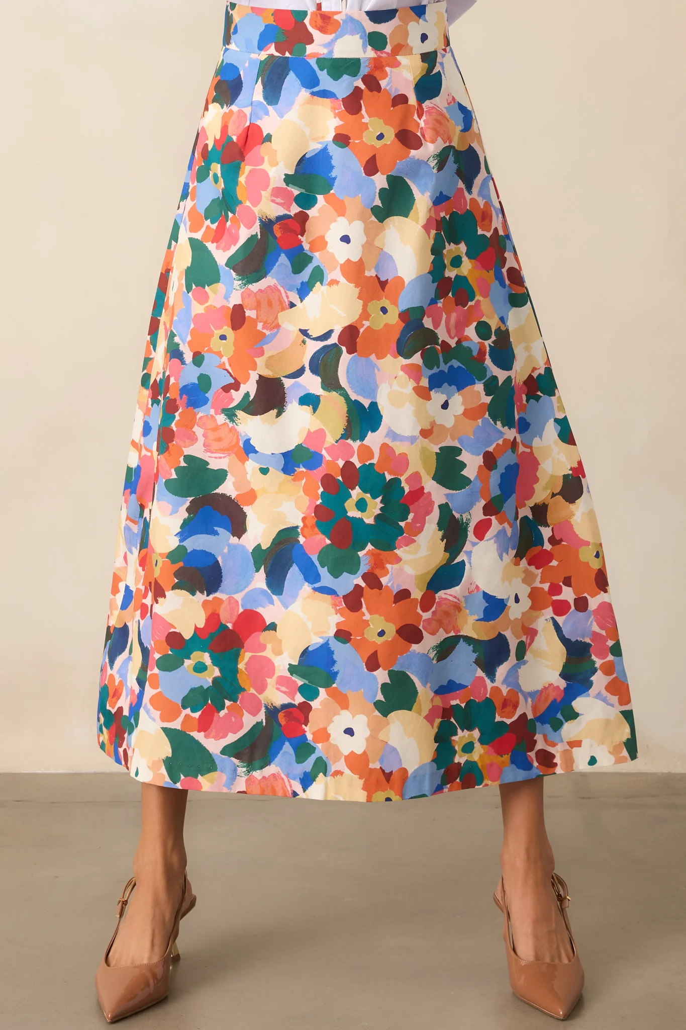 Orange Multi Floral Print Cotton Midi Skirt