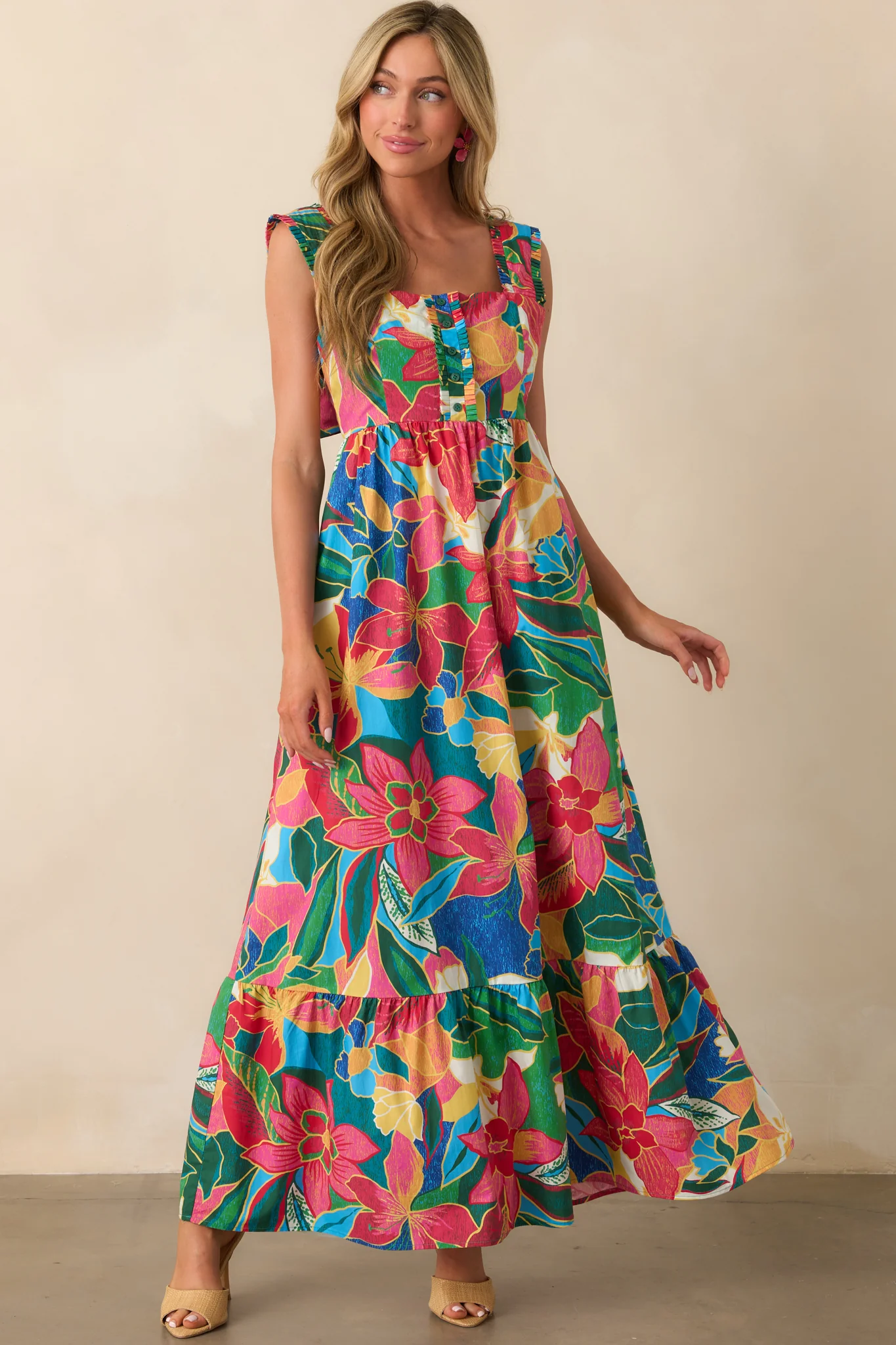 Finding My Oasis Blue Tropical Print Cotton Bow Back Maxi Dress