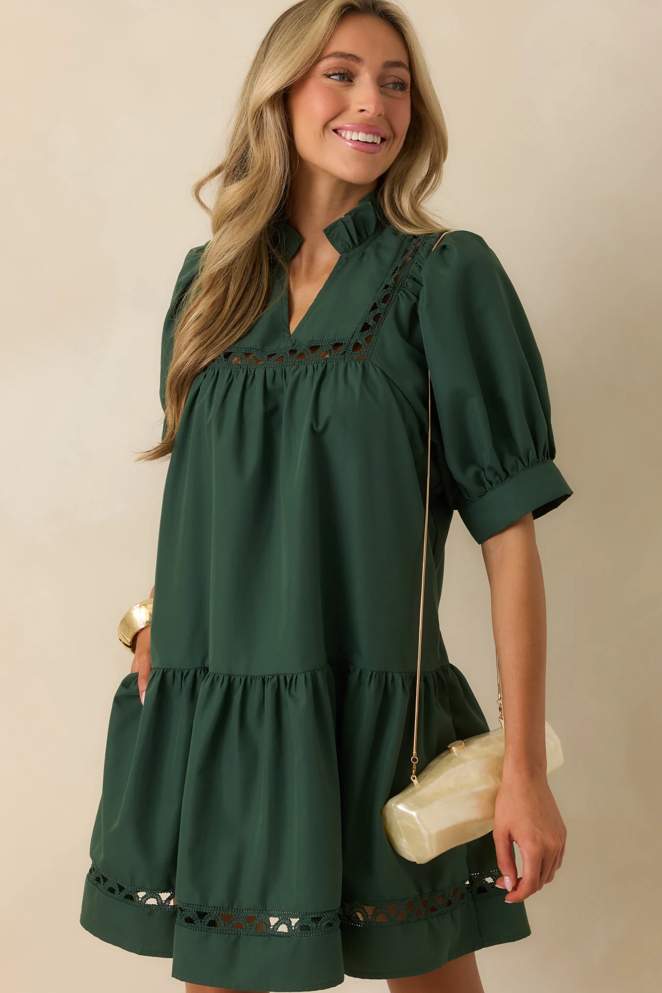 Feels Just Right Hunter Green Puff Sleeve Embroidered Eyelet Mini Dress