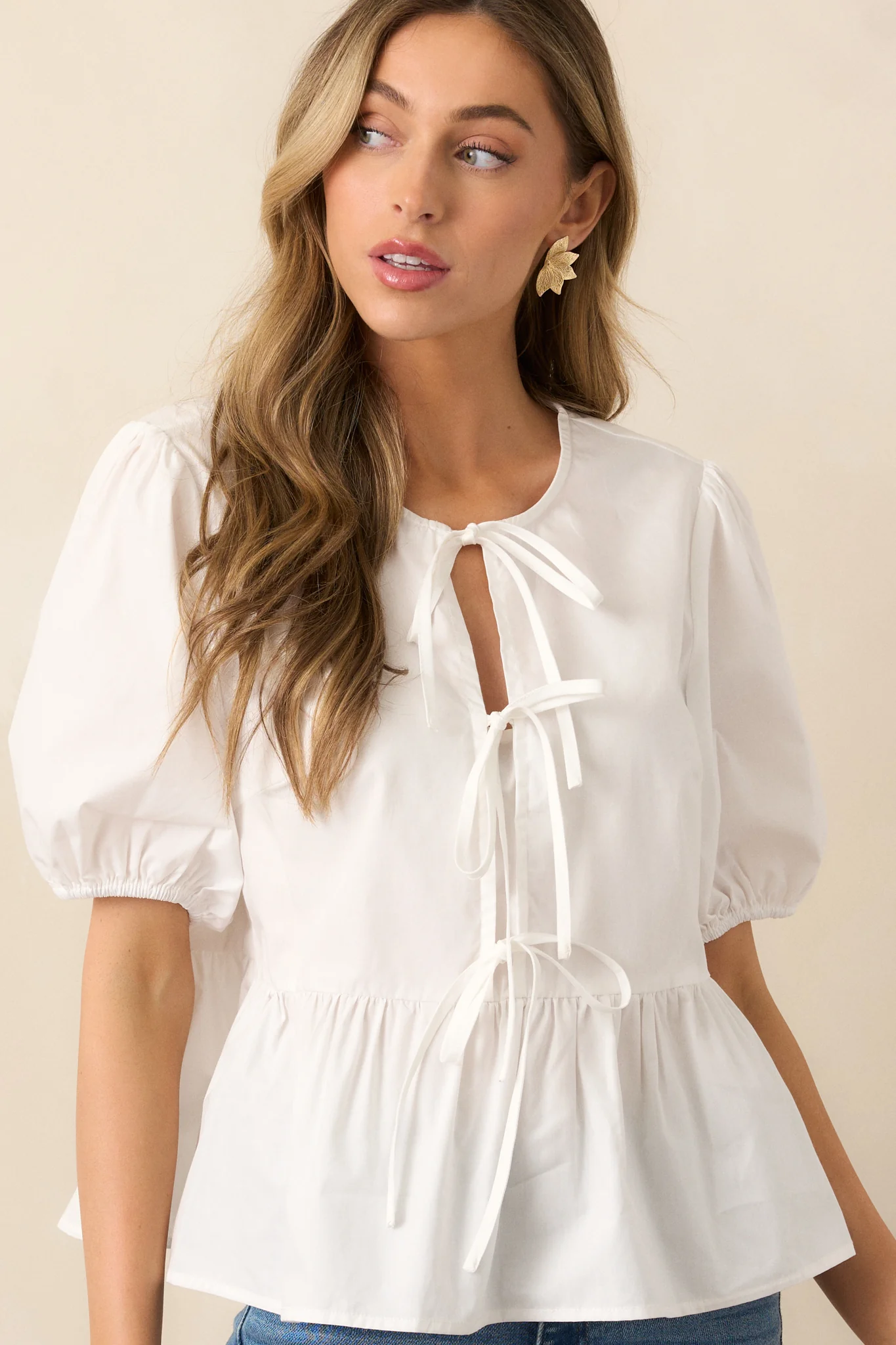 Something Special White Cotton Bow Front Puff Sleeve Top