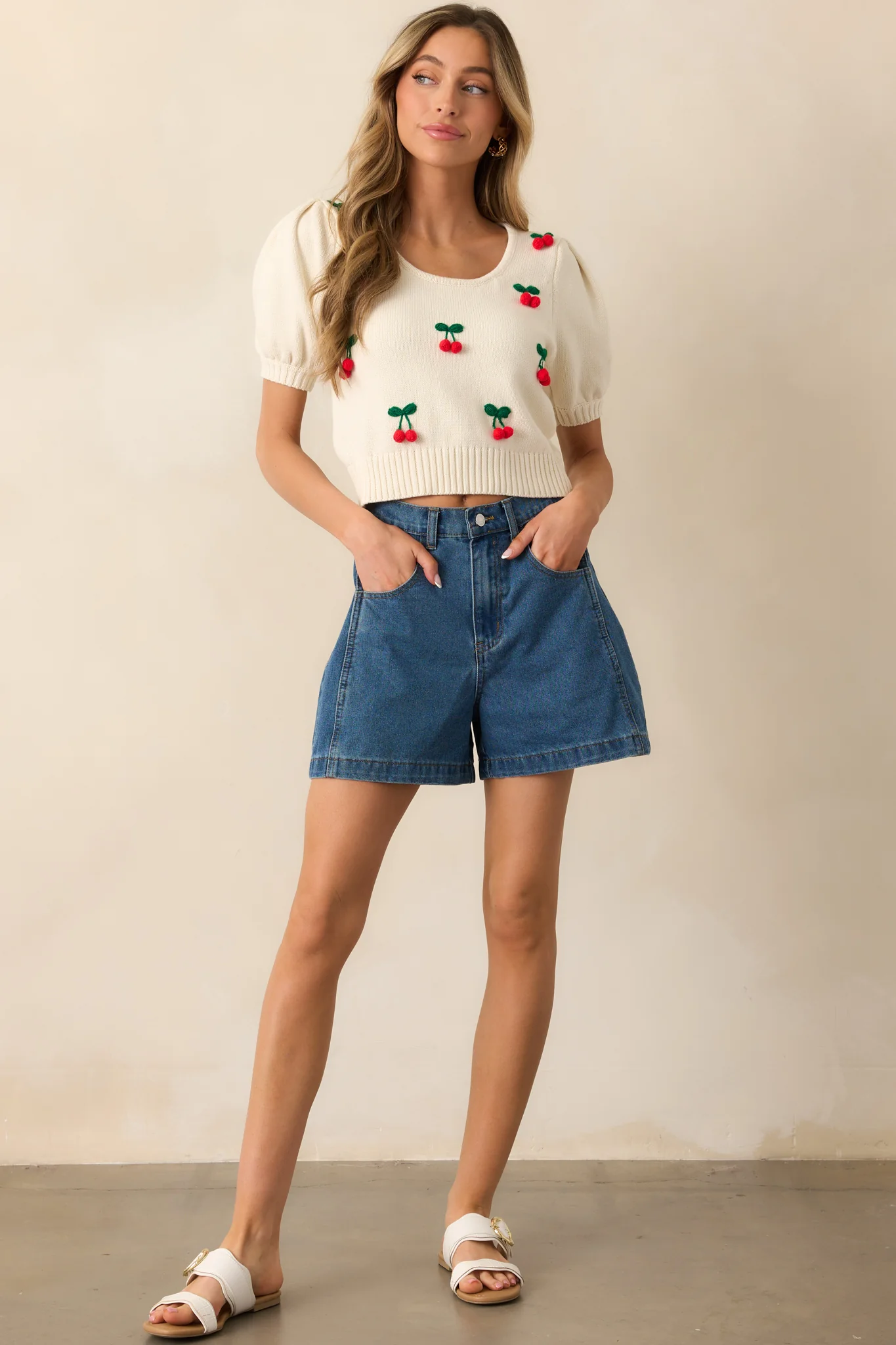 As The Story Unfolds Ivory Cherry Embroidered Knit Top