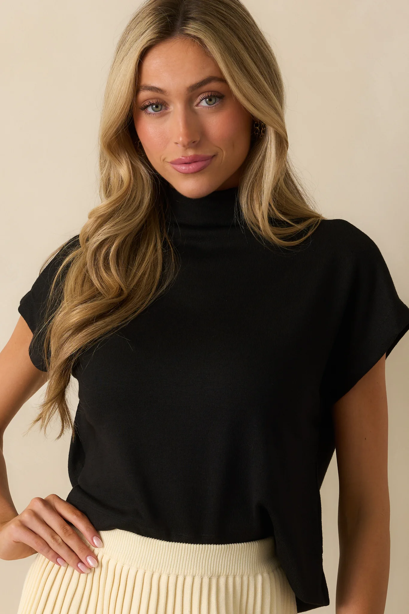 Plans Are Made Black Relaxed Mock Neck Cap Sleeve Top